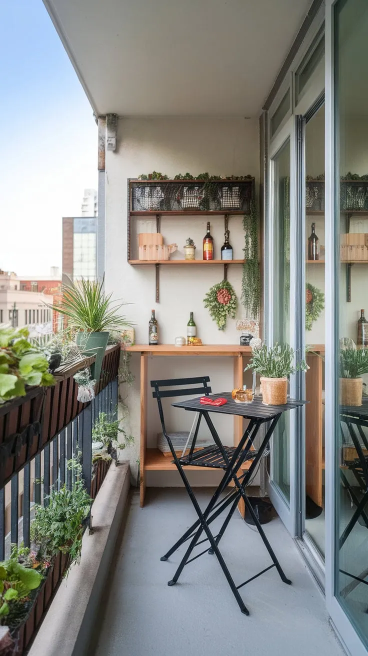 This extra small balcony boasts a surprisingly spacious feel thanks to smart design.  The balcony high table provides a cozy spot to enjoy the cityscape, while the folding table balcony offers extra surface area when needed.  Clever small balcony storage ideas and a small balcony bar maximize functionality, making this a prime example of space-saving bar ideas.  The balcony tables for railings and overall aesthetic prove that even a balcony table DIY project can yield impressive results.