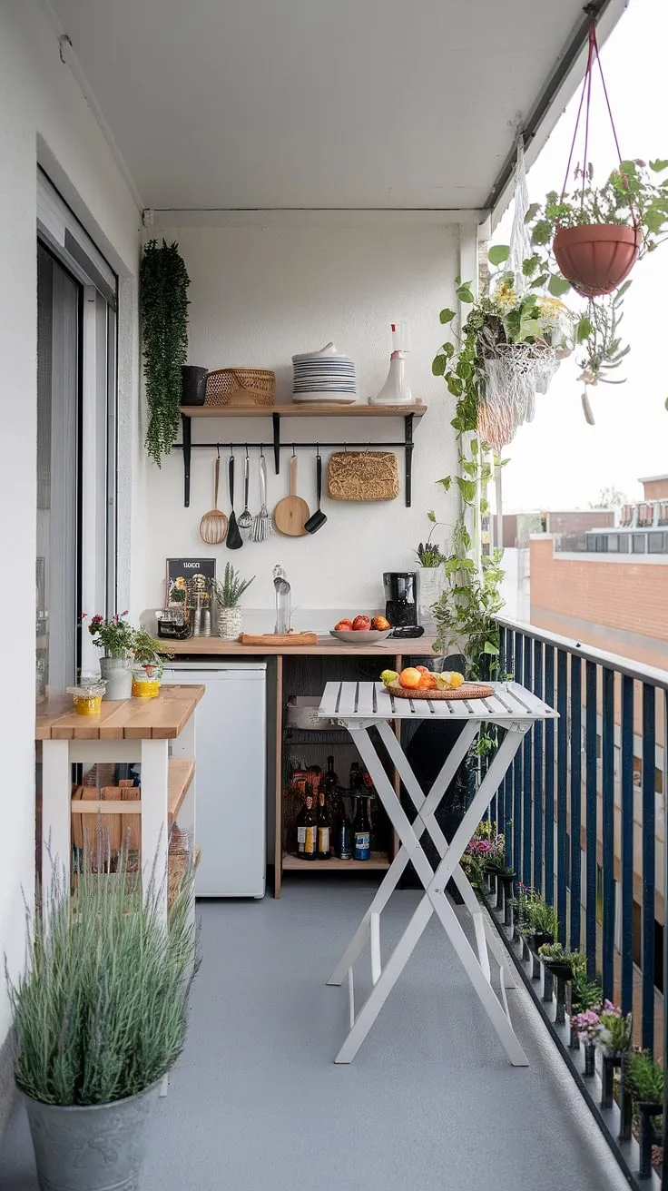 Maximize every inch of your tiny balcony with this inspiring design.  Clever small balcony storage ideas and a space-saving bar ideas create a functional yet chic outdoor kitchen.  A balcony high table and folding table balcony provide flexible seating options, while a DIY balcony table showcases resourceful design.  Use your balcony railing creatively with balcony tables for railings and vibrant plants. This is the perfect example of extra small balcony ideas done right.