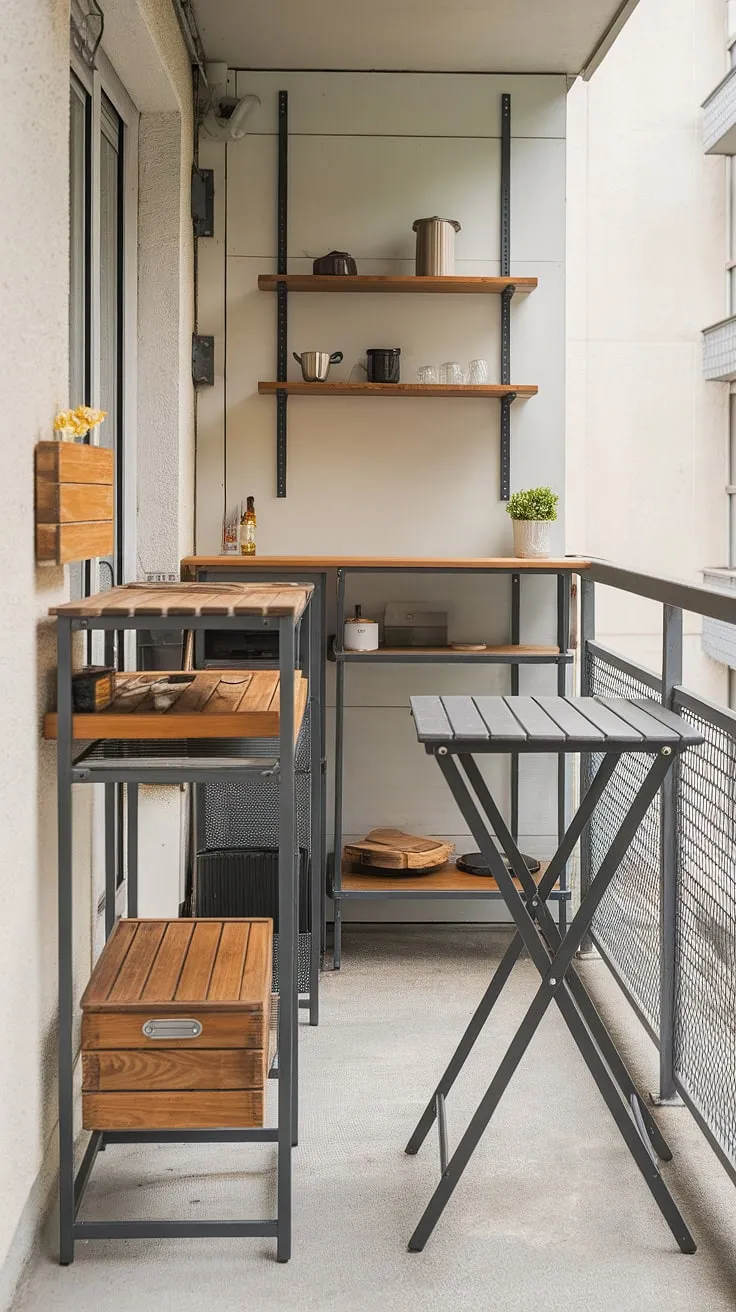 Transform your extra small balcony ideas into a stylish outdoor oasis! This balcony kitchen boasts a balcony high table, a practical folding table balcony, and a small balcony bar, all seamlessly integrated.  Ingenious small balcony storage ideas, including a repurposed wooden box, keep things organized.  This balcony table DIY project showcases how to maximize space and create a functional, beautiful balcony tables for railings setup.