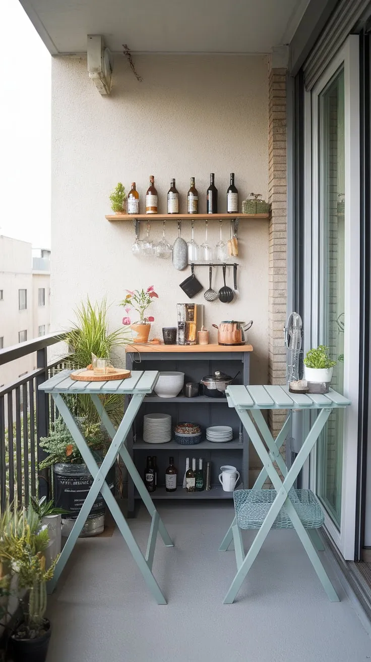 Transform your extra small balcony into a dream outdoor kitchen! This balcony kitchen boasts a custom-built balcony table diy, a practical folding table balcony for extra guests, and a surprisingly spacious small balcony bar.  Ingenious small balcony storage ideas and space-saving bar ideas ensure maximum efficiency in this tiny but mighty space.  The balcony high table is the perfect centerpiece, proving that size isn't everything when it comes to design.