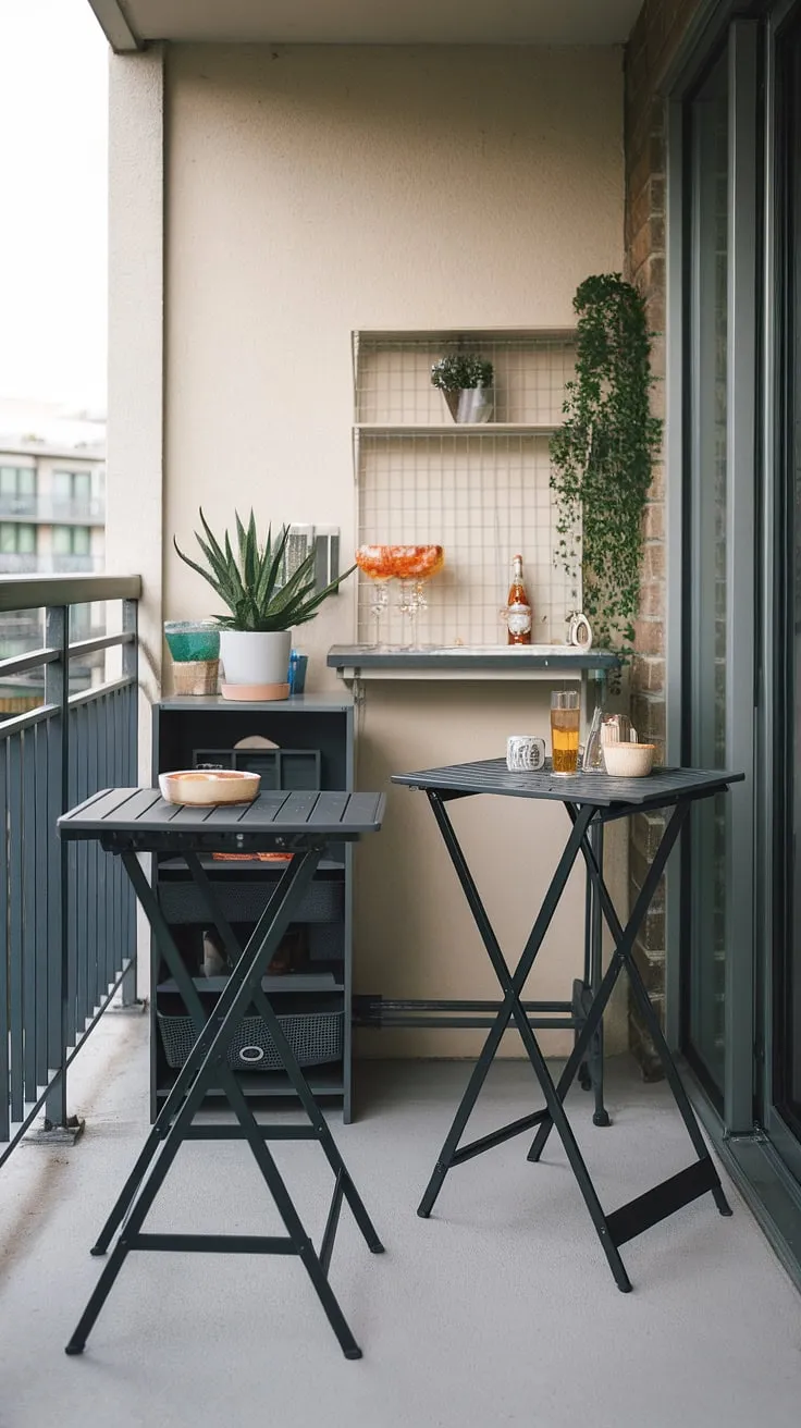 This small balcony bar is the perfect example of how to create a functional and stylish space-saving setup.  The balcony high table and folding table balcony design offers versatility, while smart small balcony storage ideas maximize every inch.  This extra small balcony ideas showcase how a balcony kitchen can be both practical and aesthetically pleasing.  Get inspired to create your own balcony table DIY project and find the perfect balcony tables for railings.