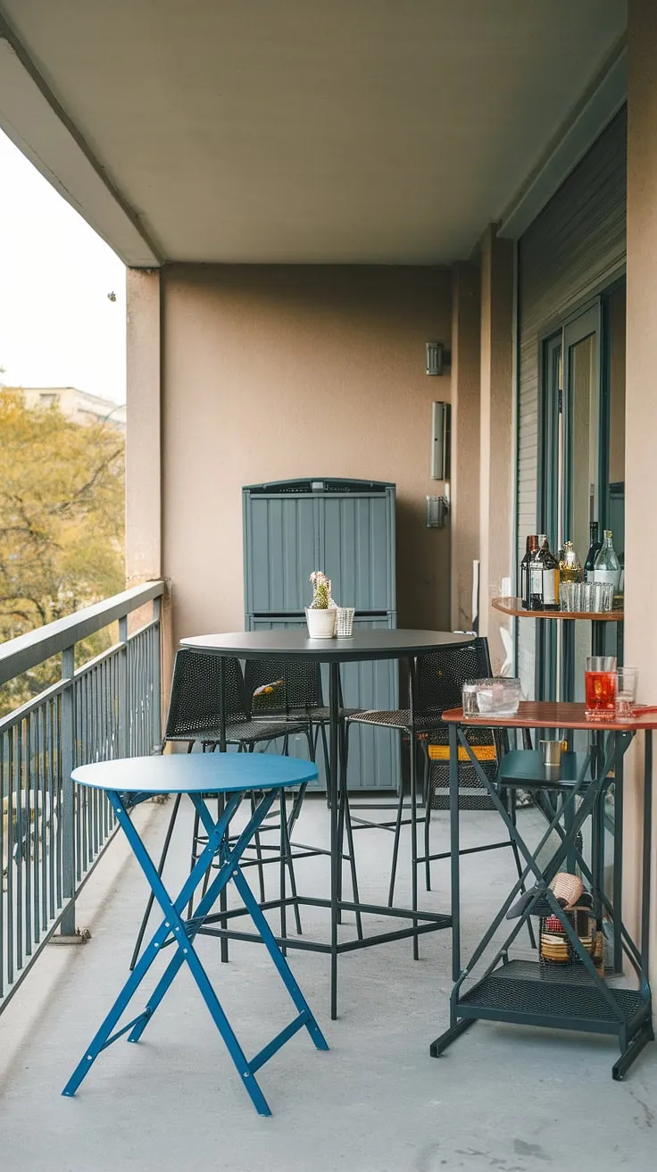 Maximize your outdoor living with this clever balcony kitchen setup.  A balcony high table provides ample seating, while a folding table balcony offers extra space when needed.  The small balcony bar, tucked neatly beside the railing, is perfect for evening drinks, showcasing space saving bar ideas.  Small balcony storage ideas are solved with the wall unit, and the balcony tables for railings are ideal for a small space.  This balcony table DIY project proves that even extra small balcony ideas can be stylish and functional.
