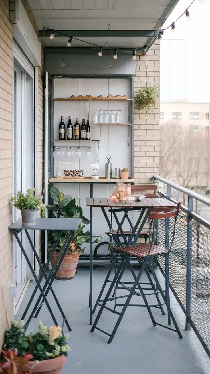 Transform your small balcony into a chic and functional outdoor oasis with this balcony table DIY.  The balcony high table and folding table balcony design offers flexible seating, and the small balcony bar is a brilliant space saving bar idea.  Clever small balcony storage ideas are incorporated throughout, proving that even extra small balcony ideas can be incredibly inviting.