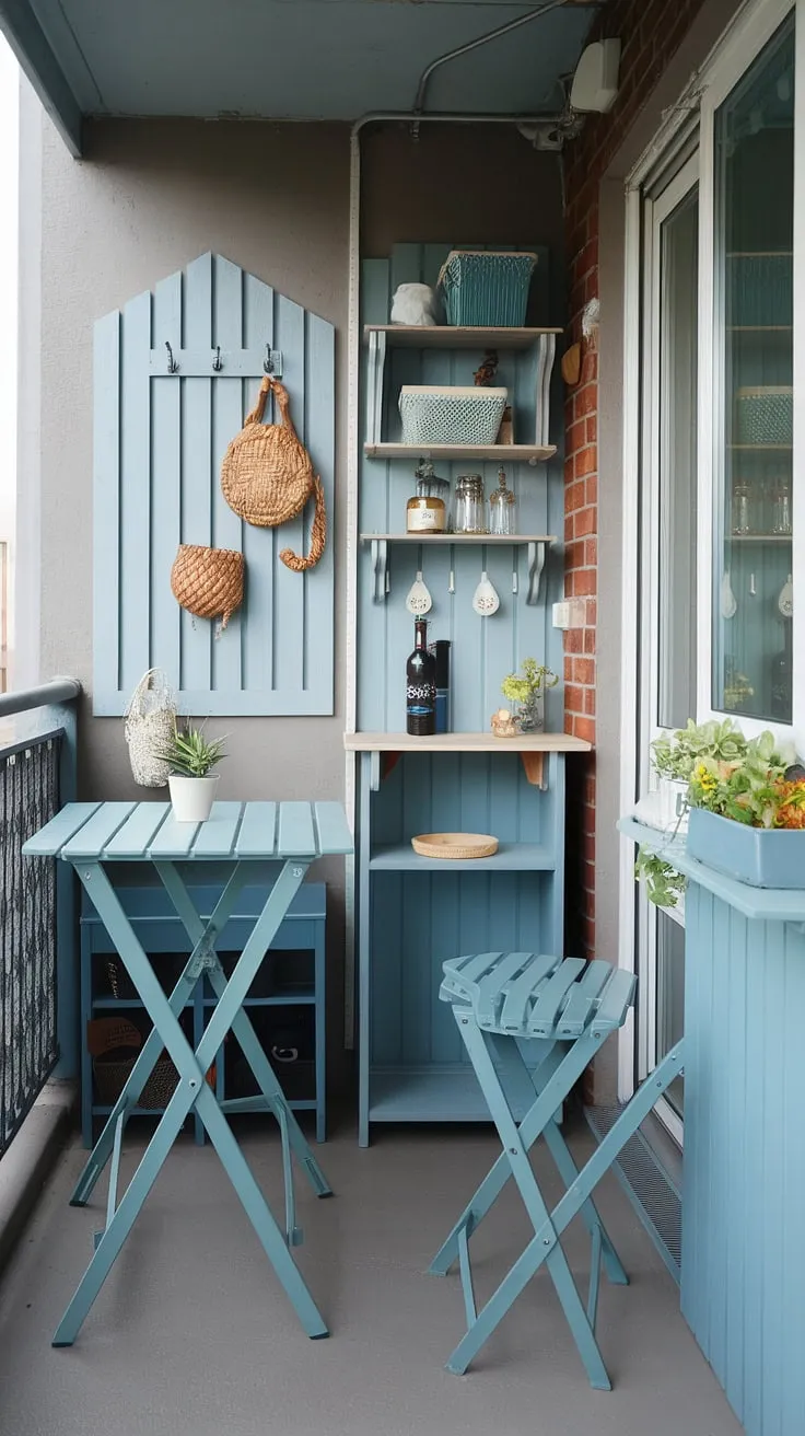 Maximize your micro-space with this ingenious extra small balcony ideas setup! A balcony high table and folding table balcony provide flexible dining, while a small balcony bar with built-in shelving offers a space-saving bar ideas solution. Clever small balcony storage ideas, including shelves and hooks, keep everything organized.  This balcony kitchen is proof that even the tiniest outdoor area can be transformed into a stylish and functional retreat.  Consider this balcony table diy inspiration for your own space.
