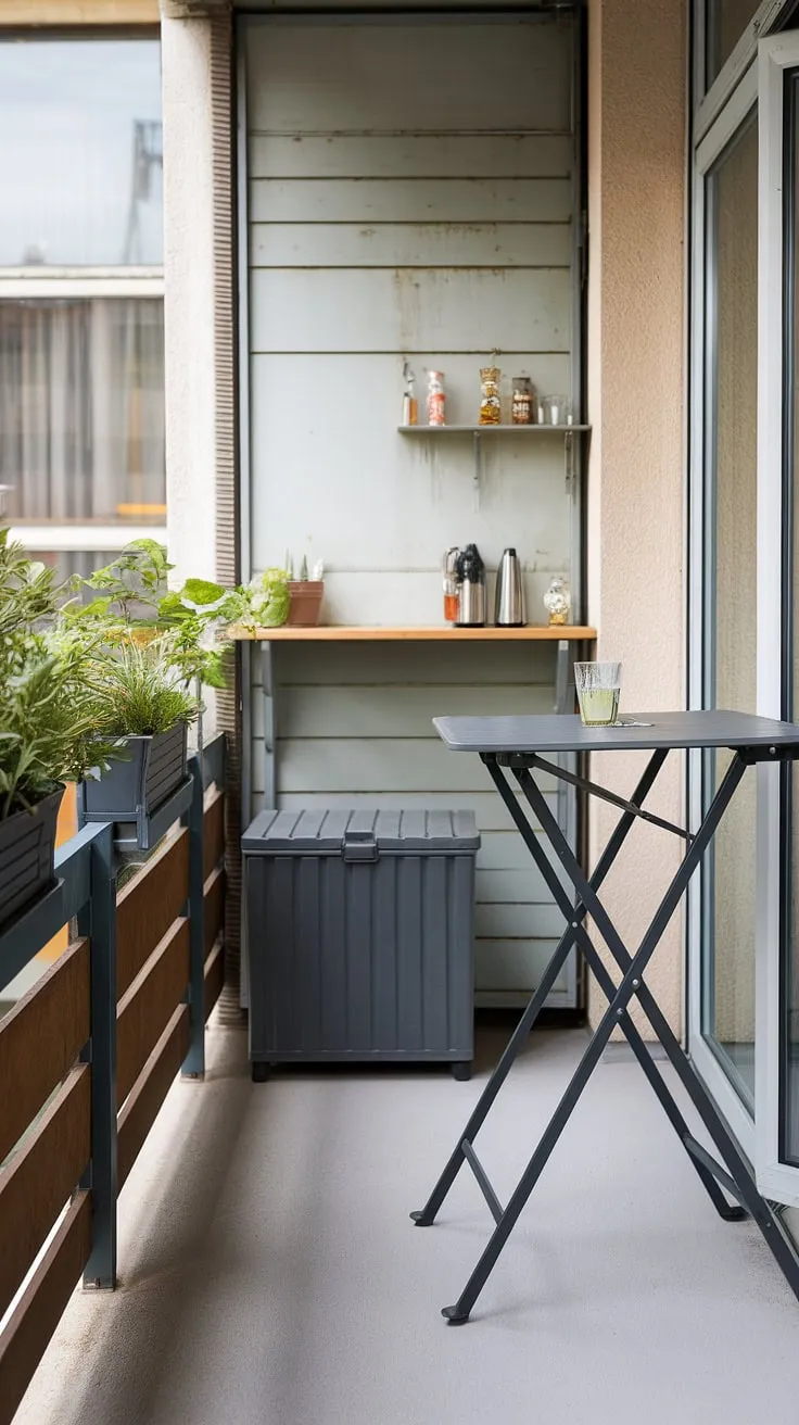This small balcony bar is the perfect blend of form and function.  The balcony high table and folding table balcony create a versatile space for dining and drinks.  Smart small balcony storage ideas are showcased with the storage box, while potted plants add a touch of nature.  The wooden panel at the railing complements the balcony tables for railings, demonstrating how even extra small balcony ideas can be maximized.  Consider this a testament to creative balcony table DIY projects.