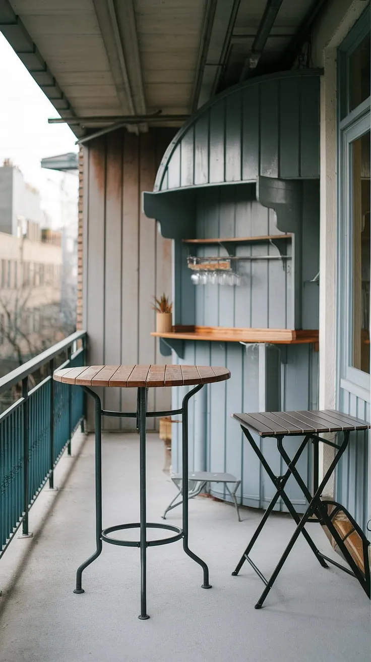 This rustic balcony kitchen is the epitome of small space living!  A balcony high table and small balcony bar maximize functionality, while the folding table balcony offers extra surface space when needed. Clever balcony tables for railings and small balcony storage ideas keep everything organized.  This balcony table DIY project proves that even extra small balcony ideas can be stylish and efficient.  Space saving bar ideas don't get much better than this.