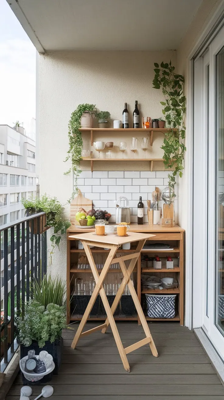 Transform your extra small balcony into a dream outdoor kitchen! This balcony kitchen features a stunning balcony high table, a practical folding table balcony for extra guests, and ingenious small balcony storage ideas.  The DIY balcony table and space-saving bar ideas are perfect examples of how to maximize a small space.  Balcony tables for railings add extra prep space, proving that even the tiniest balcony can be a culinary haven.