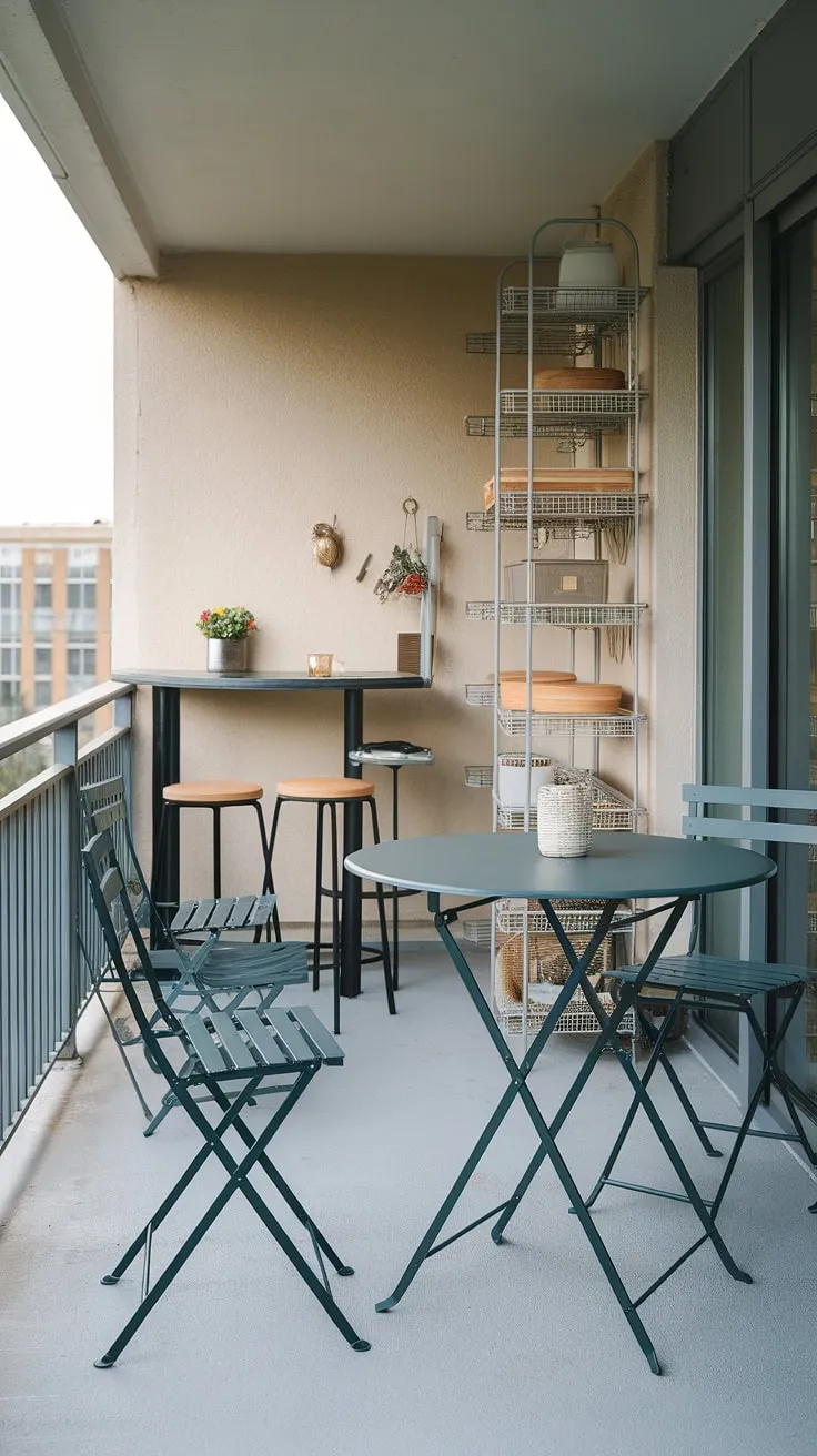 Maximize your extra small balcony with this clever setup!  A balcony high table and folding table offer flexible seating, while a small balcony bar and space-saving storage solutions create the ultimate outdoor kitchen.  Perfect balcony tables for railings, this design proves that even a tiny space can be transformed into a stylish and functional retreat.  Consider this your inspiration for a balcony table DIY project.