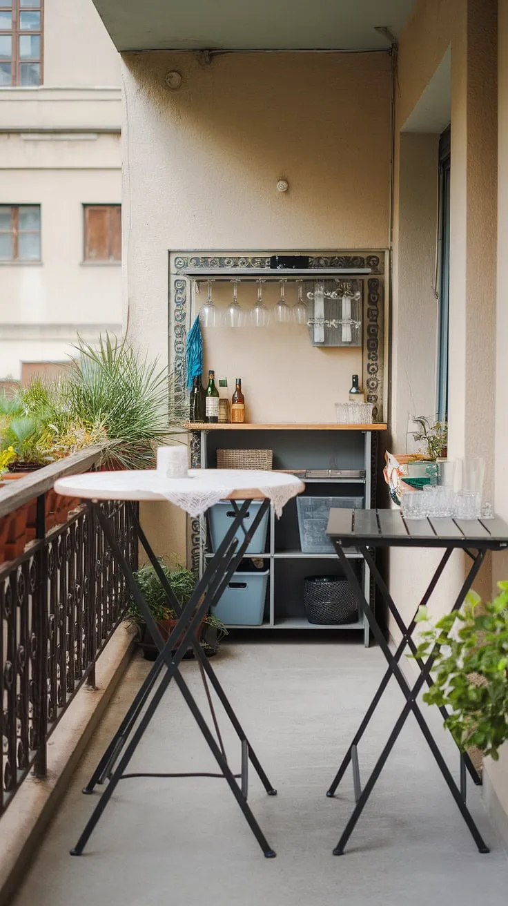 Transform your tiny balcony into a functional and stylish retreat. This balcony high table and folding table balcony setup offers versatile dining and entertaining options.  The small balcony bar is a chic addition, showcasing space-saving bar ideas.  Clever small balcony storage ideas keep things organized, while the balcony tables for railings maximize the available space.  This is the epitome of extra small balcony ideas and a perfect example of balcony table DIY potential.