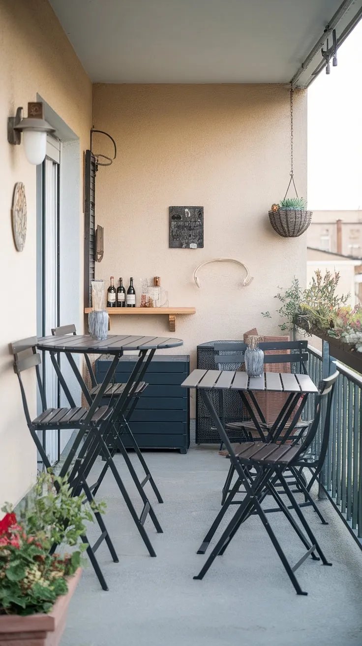 This charming balcony transforms a small space into a vibrant outdoor retreat.  The balcony high table and chairs create an intimate dining area, while the folding table balcony easily accommodates more guests.  A small balcony bar adds a touch of sophistication, and smart small balcony storage ideas keep everything organized.  This is a perfect example of extra small balcony ideas, showcasing how creative furniture choices, like balcony tables for railings, can maximize functionality.  The balcony table DIY potential is endless, allowing you to personalize your space.