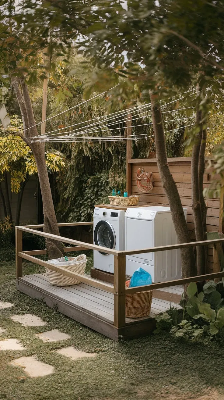 Escape the mundane with this idyllic backyard laundry area.  The wooden platform housing the washer and dryer, complete with a railing, offers a charming alternative to indoor laundry, showcasing clever outdoor laundry room design and providing inspiration for your own outdoor washing machine area ideas.  The clothesline strung between trees adds a touch of rustic elegance to this outdoor laundry area, transforming a chore into a peaceful experience.  This outdoor washing area ideas demonstrates how a balcony laundry setup can be seamlessly integrated into a lush garden setting.