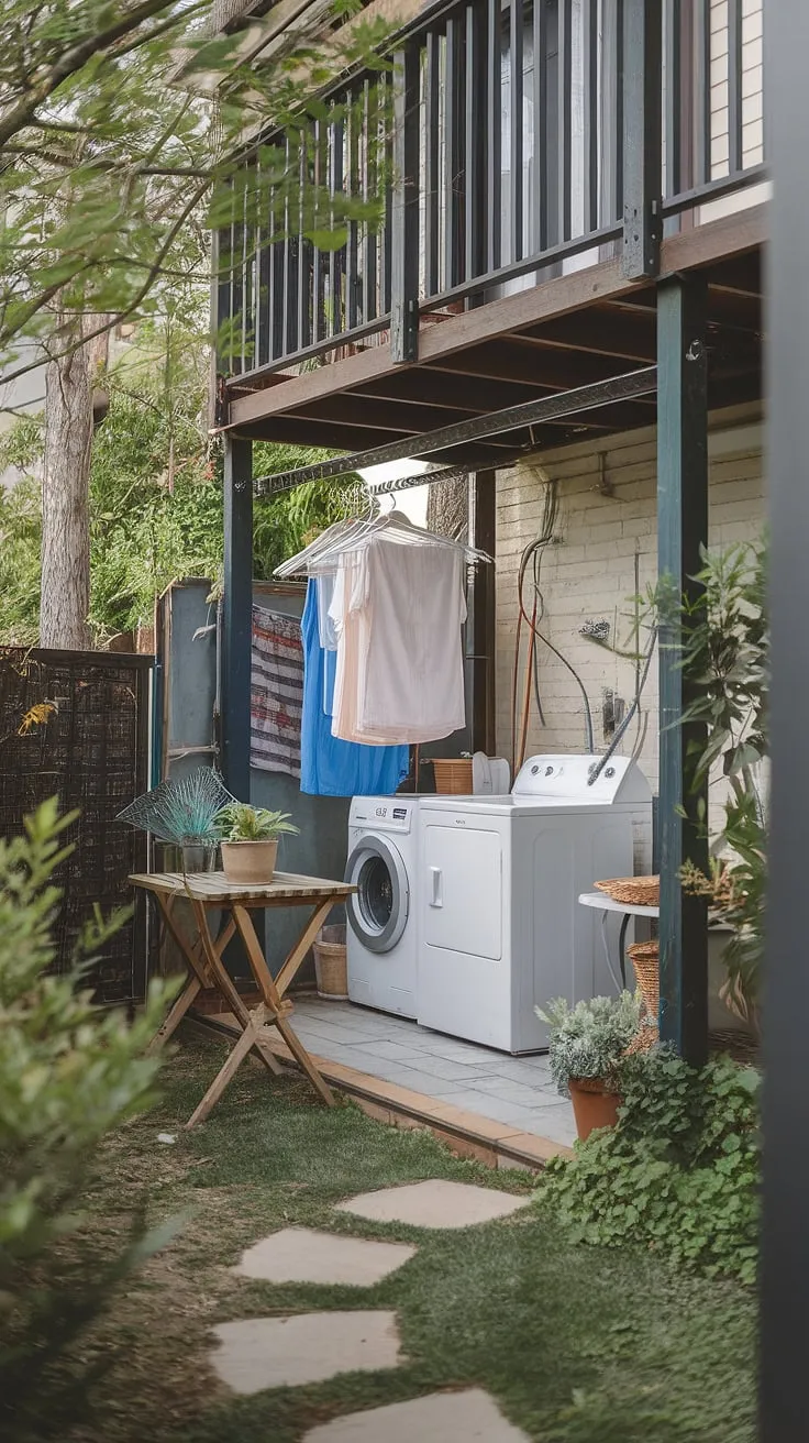 Escape the mundane with this tranquil backyard laundry area.  The balcony overlooks lush greenery, creating a serene setting for chores. This outdoor laundry room design seamlessly blends functionality with nature, offering inspiration for your own outdoor washing area ideas.  Consider this outdoor laundry room design for your own outdoor washing machine area ideas.