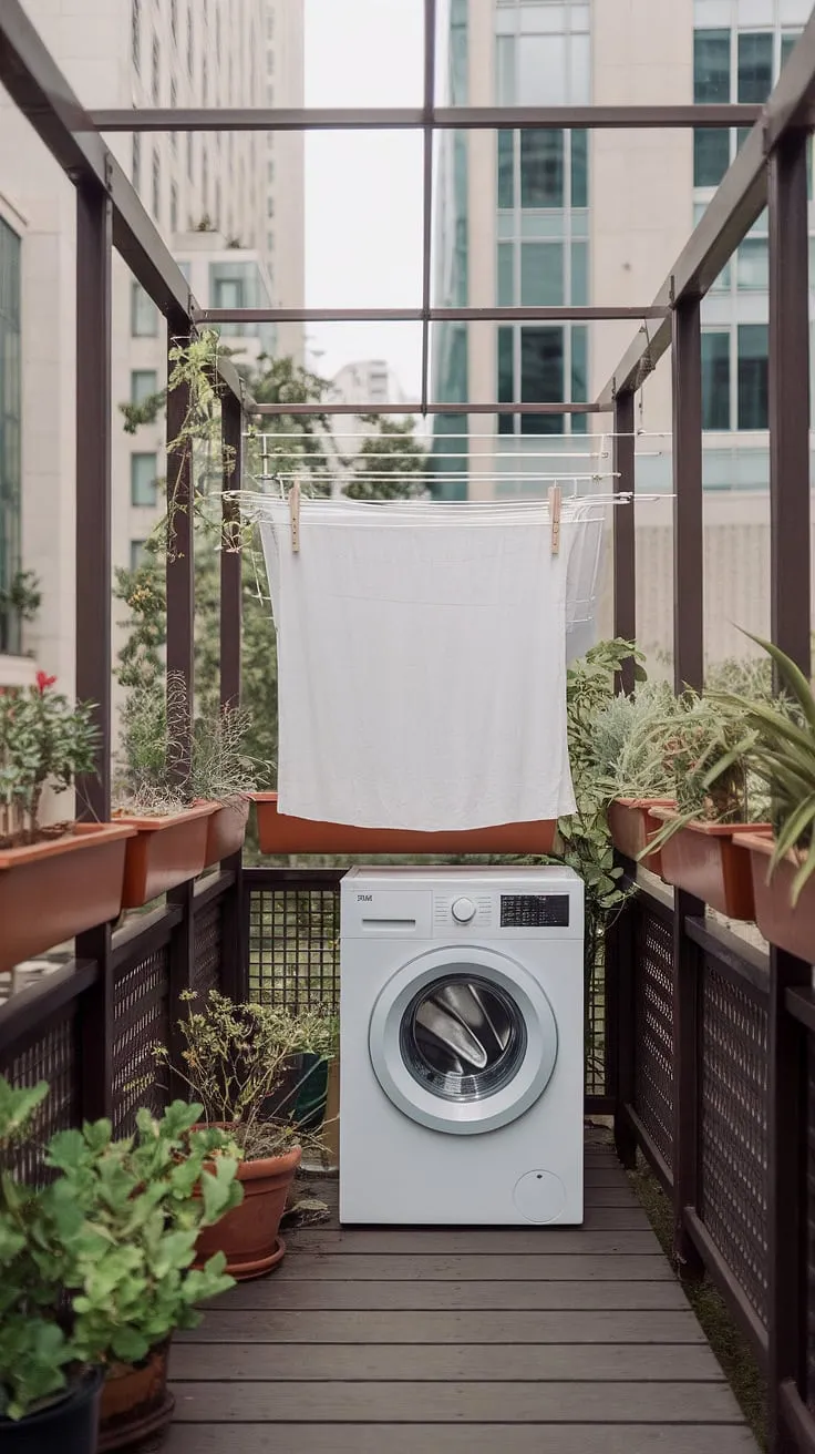 Imagine your laundry day transformed into a relaxing moment amidst city views. This outdoor laundry area, complete with a washing machine and clothesline, offers a unique and efficient outside laundry area.  Find inspiration for your own outdoor laundry room ideas and outdoor washing area ideas in this functional and aesthetically pleasing outdoor laundry room design.
