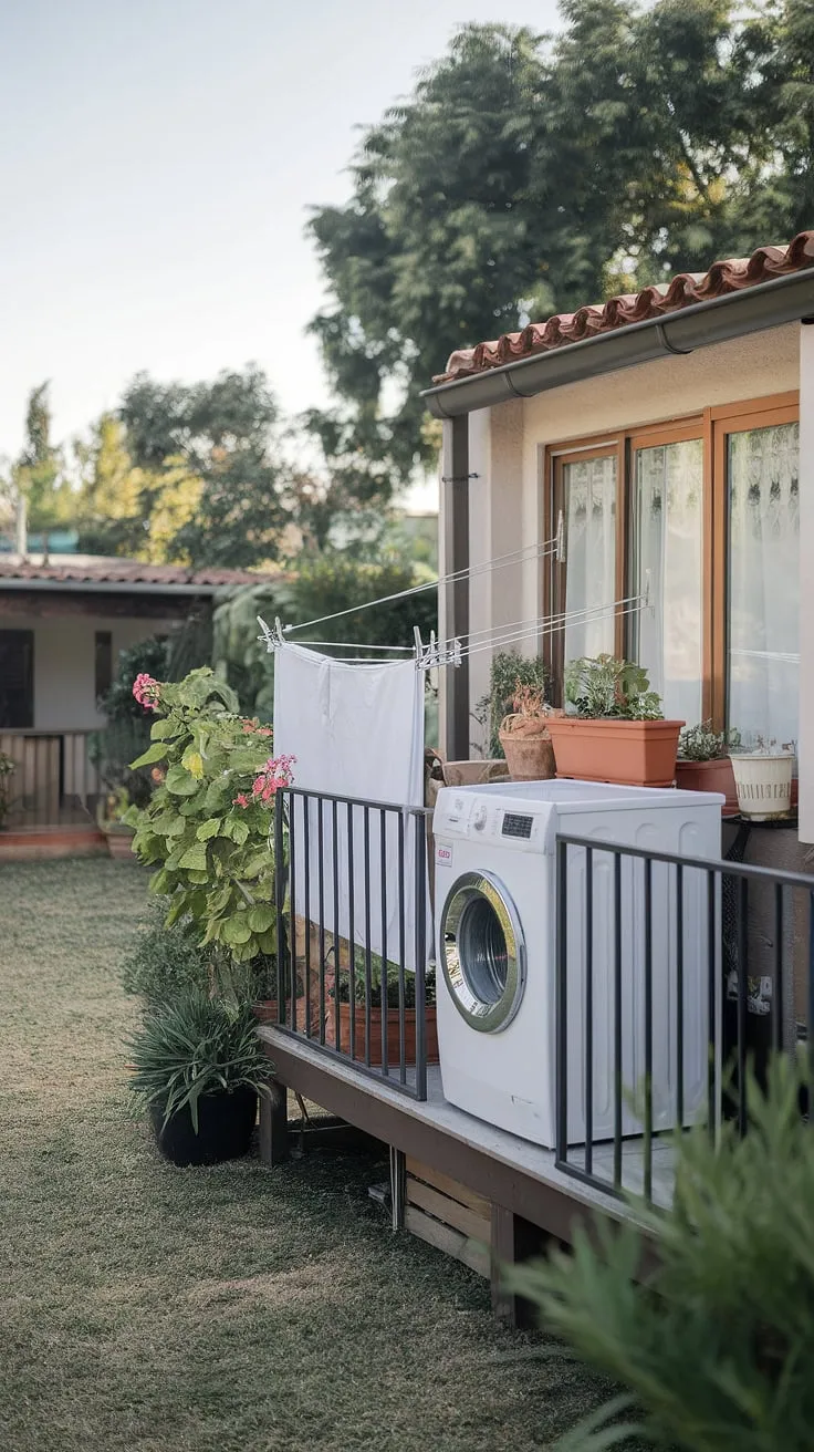 Imagine your laundry day transformed! This outdoor laundry area, complete with a balcony washing machine and clothesline, is the epitome of outdoor laundry room ideas.  The design effortlessly combines functionality with the beauty of a lush backyard, providing inspiration for your own outside laundry area and outdoor laundry room design.
