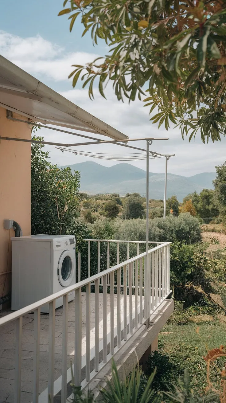 Imagine doing laundry with a view like this! This outdoor laundry area, complete with a clothesline and washing machine on the balcony, is the ultimate outdoor laundry room design. Find more outdoor laundry room ideas and outside laundry area inspiration for your own outdoor washing machine area ideas and backyard laundry area.
