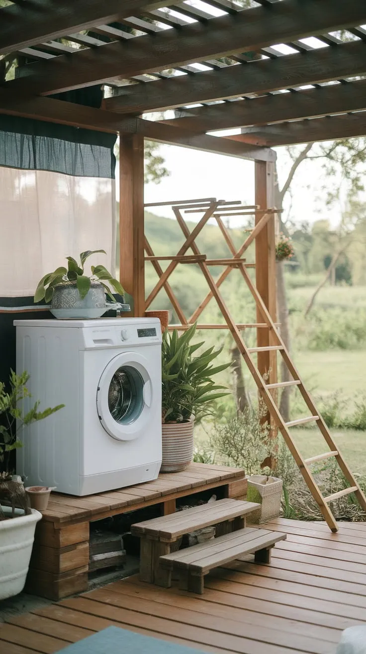 Escape the mundane with this idyllic balcony laundry setup.  The outdoor laundry area, complete with a charming wooden structure and lush greenery, offers a serene space for chores.  Find inspiration for your own outdoor laundry room design, exploring outdoor washing machine area ideas and outdoor washing area ideas to create your perfect backyard laundry area.
