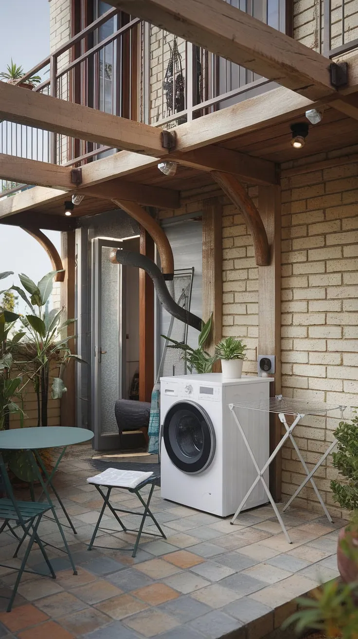 Imagine your laundry day transformed into a tranquil retreat. This outdoor laundry area, complete with a balcony and thoughtfully designed outdoor washing area ideas, provides a unique and inspiring outdoor laundry room design.  Find inspiration for your own outdoor laundry room ideas and create the perfect outside laundry area in your backyard.