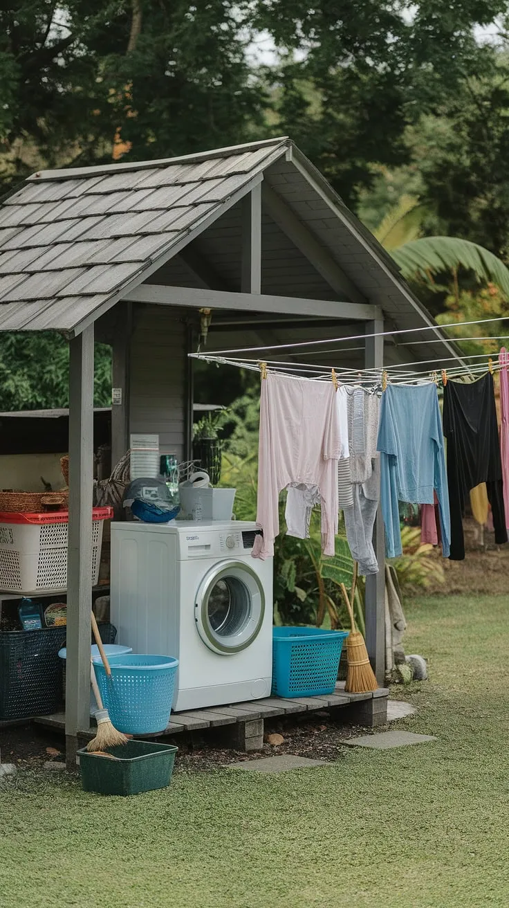 Imagine your own private oasis: a backyard laundry area nestled amongst lush greenery. This outdoor laundry area boasts a quaint wooden shelter, transforming a simple chore into a peaceful experience.  The thoughtfully designed outdoor washing machine area, complete with a clothesline and practical storage, offers a unique take on outdoor laundry room design.  Discover more outdoor laundry room ideas and outdoor washing area ideas to create your dream outside laundry area.