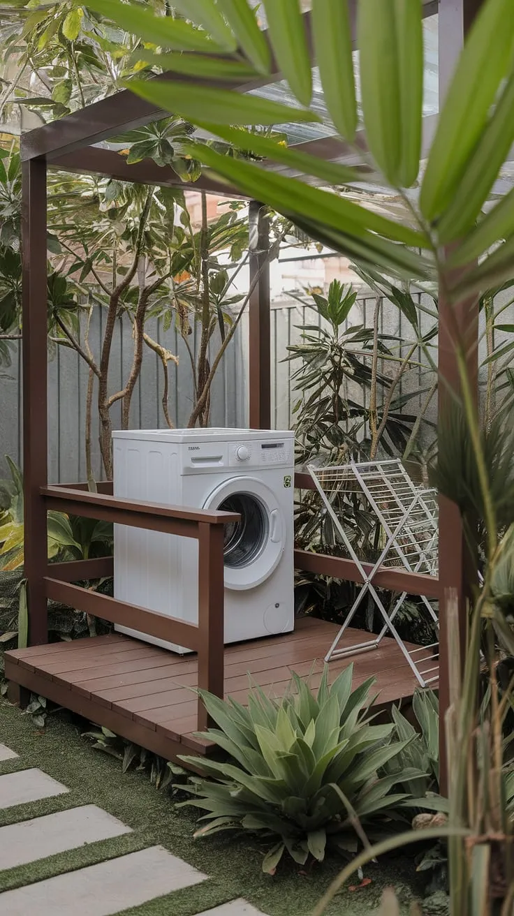 Escape the mundane with this serene balcony laundry; a perfect blend of practicality and outdoor living.  This outdoor laundry area, complete with a raised washing machine platform and ample drying space, offers inspiration for your own outdoor laundry room design. Consider this your guide to creating the ultimate backyard laundry area, brimming with outdoor washing area ideas.