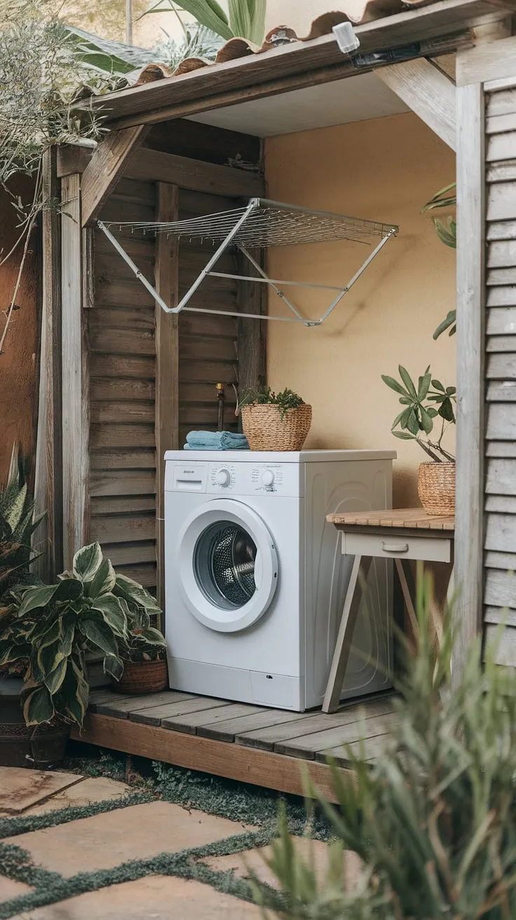 This charming backyard laundry area, complete with a raised washing machine and overhead drying rack, offers a unique blend of practicality and rustic appeal.  It's the perfect example of outdoor laundry room design, showcasing clever outdoor washing area ideas for maximizing space and embracing the beauty of an outside laundry area. Consider this inspiration for your own balcony laundry or outdoor laundry room ideas.