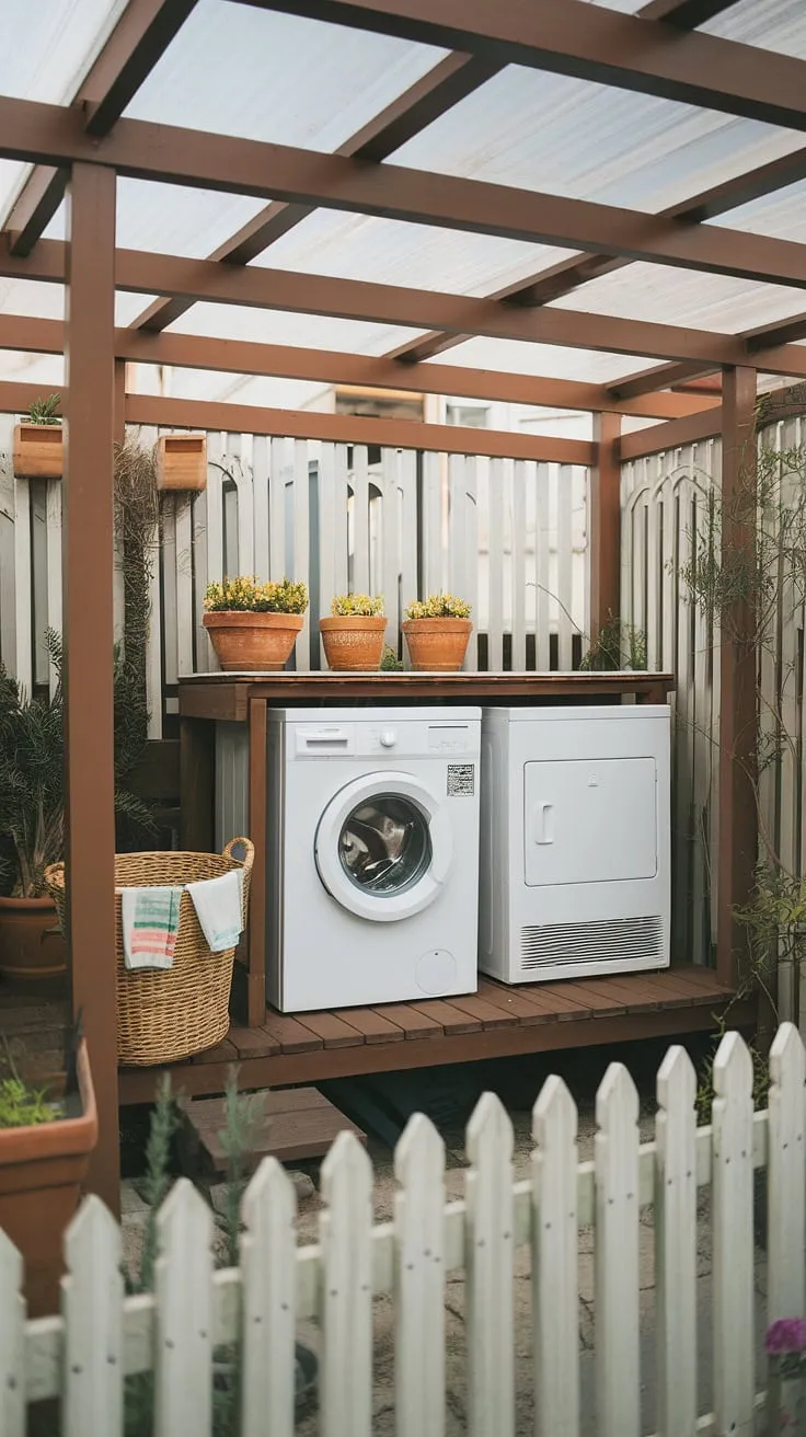 This charming balcony laundry, complete with a wooden platform and picket fence, offers a delightful outdoor laundry area.  Perfect inspiration for outdoor laundry room ideas, this design seamlessly blends practicality with aesthetic appeal, showcasing clever outdoor washing area ideas and outdoor washing machine area ideas.  The outdoor laundry room design is both functional and visually stunning, creating a serene backyard laundry area.