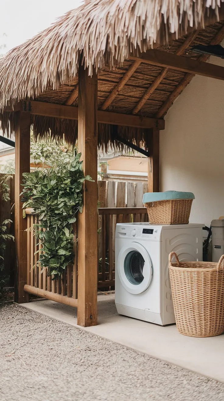 Imagine doing laundry with a view! This outdoor laundry area, nestled under a thatched roof, transforms a chore into a peaceful retreat.  The gravel ground and lush greenery complement the white washing machine, creating an inviting outdoor washing area ideas.  Find inspiration for your own outdoor laundry room design or balcony laundry space with this stunning backyard laundry area.  Explore these outdoor washing machine area ideas to create your own relaxing outdoor laundry room.