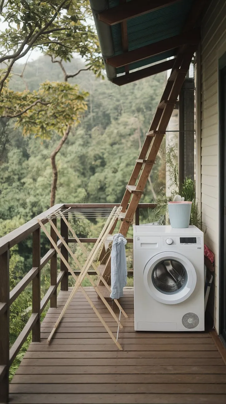 Escape the mundane with this tranquil balcony laundry; a dreamy outdoor laundry area nestled in the heart of nature.  This outdoor laundry room design, complete with a washing machine and drying rack, offers fresh air and stunning forest views. Consider this inspiration for your own outdoor washing area ideas or outdoor washing machine area ideas, transforming your backyard laundry area into a peaceful retreat.