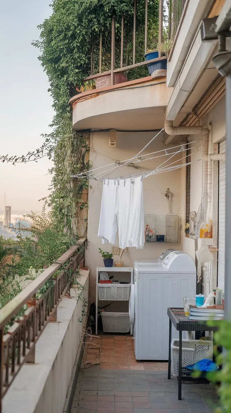 Imagine doing laundry with a view! This balcony laundry setup is the perfect blend of practicality and aesthetic appeal.  Find inspiration for your own outdoor laundry room ideas or outside laundry area in this charming outdoor laundry area.  The thoughtful outdoor laundry room design maximizes space and incorporates the beauty of the surrounding greenery.