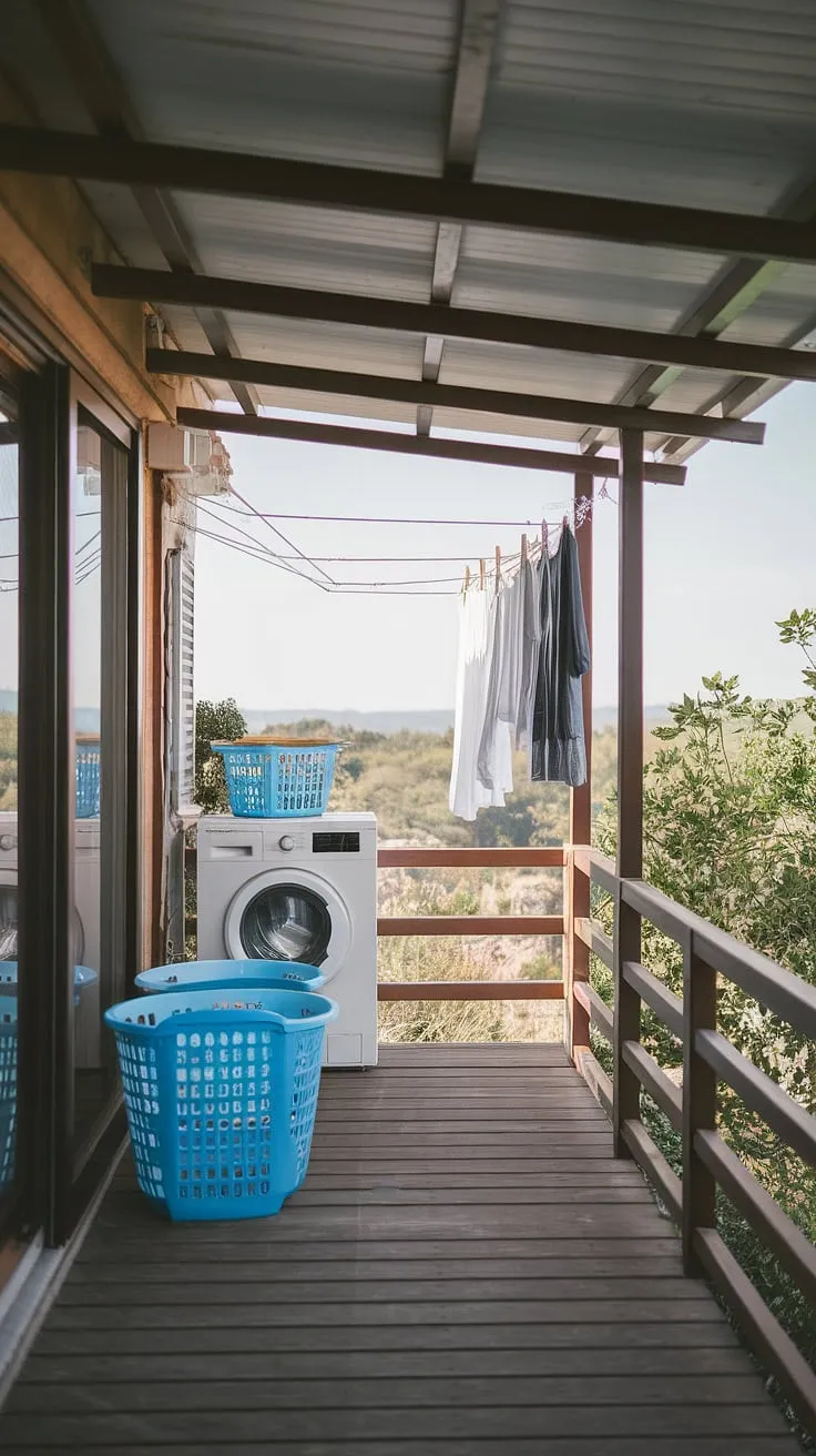 Imagine doing laundry with a view! This outdoor laundry area, complete with a balcony washing machine and clothesline, is the epitome of outdoor laundry room ideas.  The design seamlessly integrates functionality with the stunning backdrop, making this outside laundry area a true haven.  Find inspiration for your own outdoor laundry room design or outdoor washing machine area ideas in this idyllic backyard laundry area.