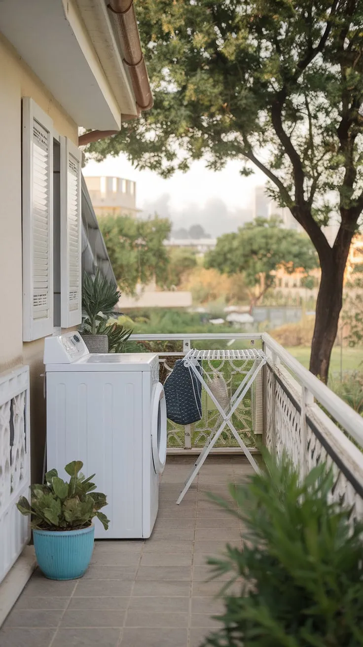 Transform your outdoor space into a serene backyard laundry area with this charming balcony laundry setup.  Find inspiration for your own outdoor laundry room ideas and outdoor washing area ideas, creating a functional and refreshing outside laundry area.