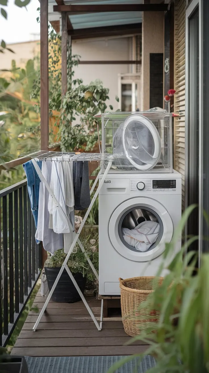 Escape the mundane with this idyllic outdoor laundry area.  This balcony laundry setup, complete with a washing machine and drying rack, offers a unique and refreshing take on outdoor laundry room design.  The surrounding greenery transforms this functional outside laundry area into a tranquil outdoor washing machine area.  Find inspiration for your own backyard laundry area or outdoor washing area ideas in this stunning outdoor laundry room ideas example.