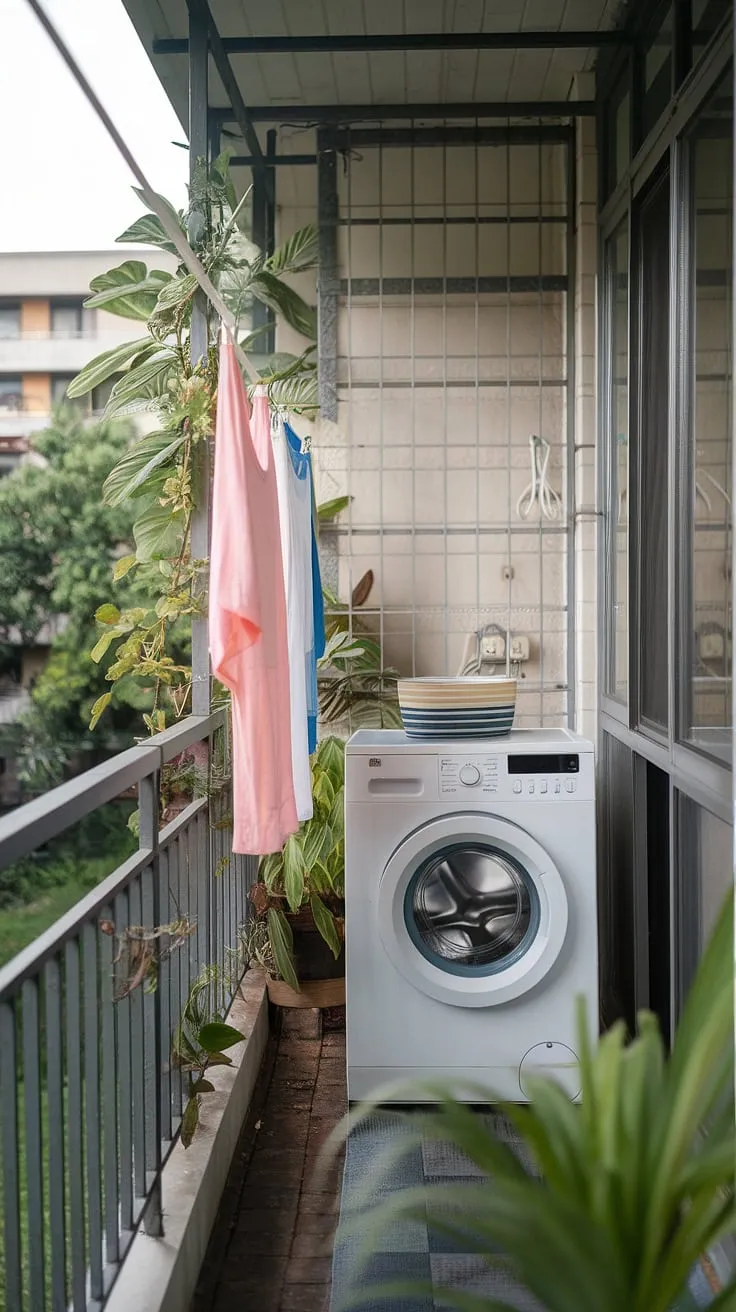 Fresh air and fresh laundry: This balcony laundry area proves that even a small space can be transformed into a functional and charming outdoor laundry room.  Clever design maximizes space, blending practicality with the beauty of an outdoor setting, offering inspiration for your own outdoor washing area ideas and outdoor laundry room design.