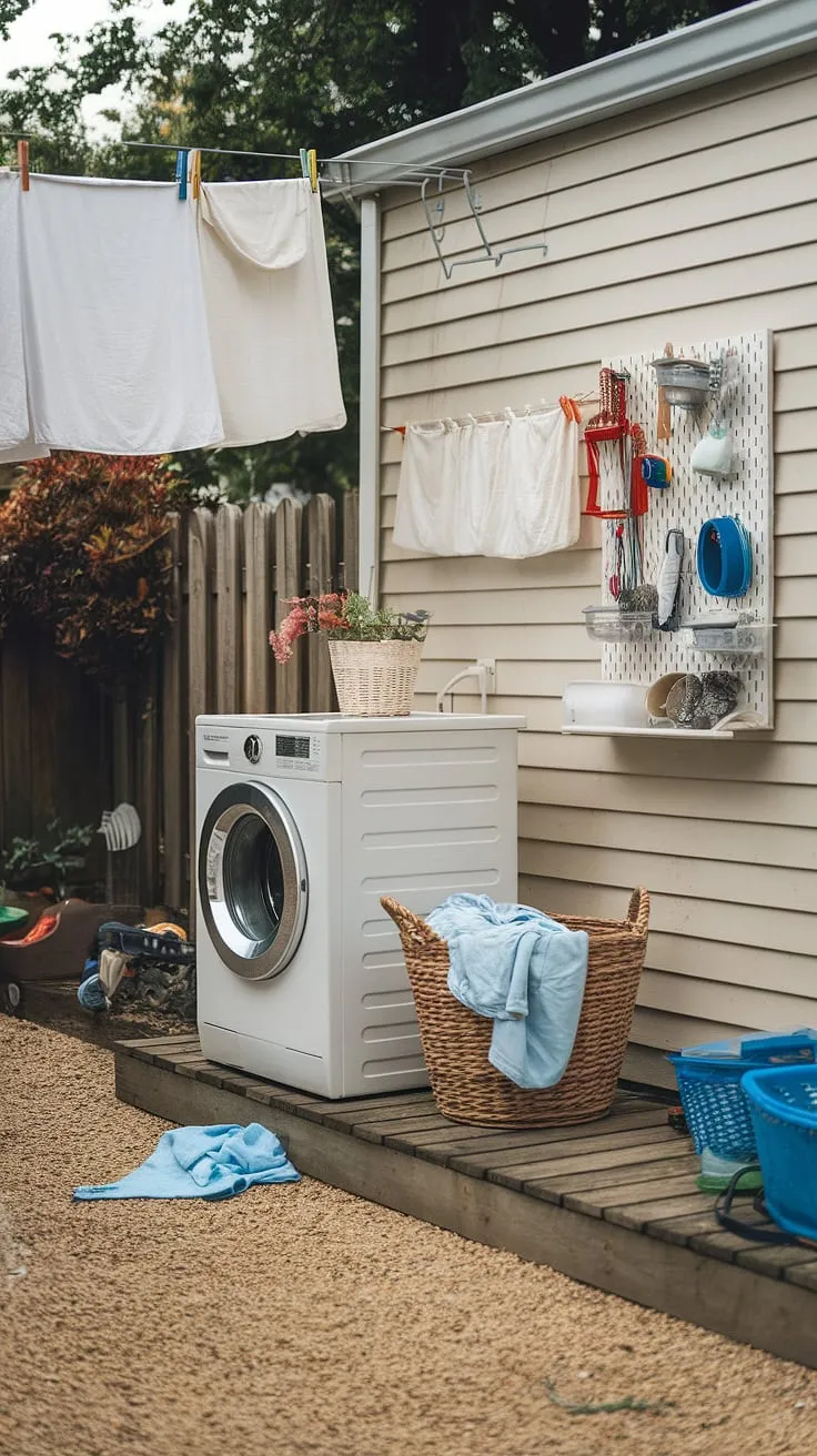 Imagine doing laundry surrounded by nature! This outdoor laundry area showcases clever outdoor laundry room ideas, transforming a simple backyard laundry area into a delightful outdoor washing area. The raised platform for the washing machine and the rustic clothesline add to the overall appeal, making it a fantastic example of outdoor laundry room design.  Consider this inspiration for your own outside laundry area or balcony laundry setup.