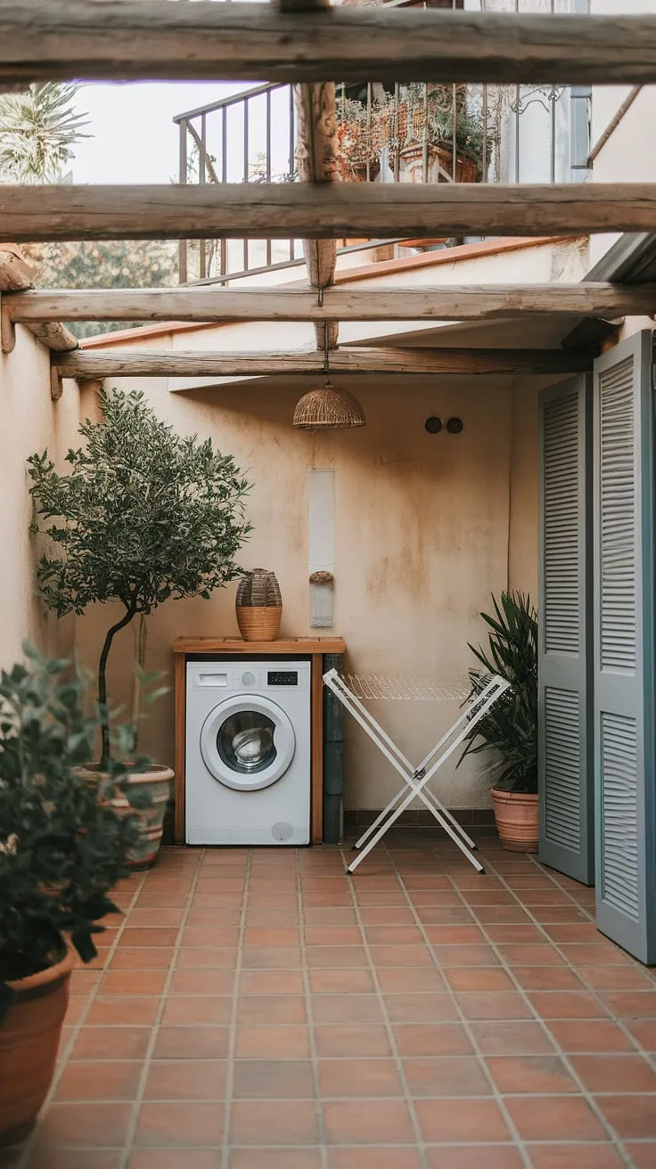 Escape the mundane with this idyllic outdoor laundry room.  The balcony adds a touch of elegance to this functional outside laundry area, creating a unique outdoor laundry area and a truly inspiring outdoor laundry room design.  Find inspiration for your own backyard laundry area with these outdoor laundry room ideas and outdoor washing machine area ideas. This space proves that even a practical space like a laundry room can be a beautiful addition to your home.