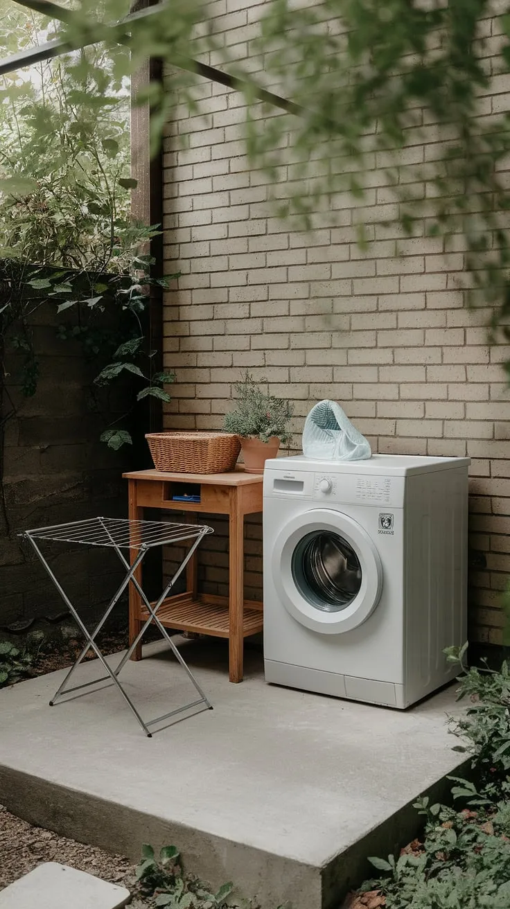 This serene balcony laundry area, complete with a drying rack and potted plant, proves that even an outside laundry area can be stylish and functional.  Explore more outdoor laundry room ideas for your own backyard laundry area, transforming this often-overlooked space into a charming outdoor washing area.  Consider these outdoor washing machine area ideas for your perfect outdoor laundry room design.