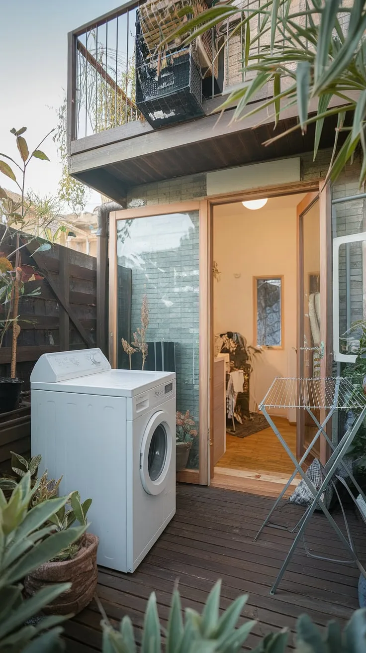 Escape the mundane with this tranquil outdoor laundry room.  The balcony offers a breezy spot to hang laundry, while the lush greenery creates a serene atmosphere.  This outdoor laundry area is the perfect blend of practicality and peaceful outdoor washing area ideas, showcasing clever outdoor laundry room design and inspiring outdoor washing machine area ideas for your own backyard laundry area.