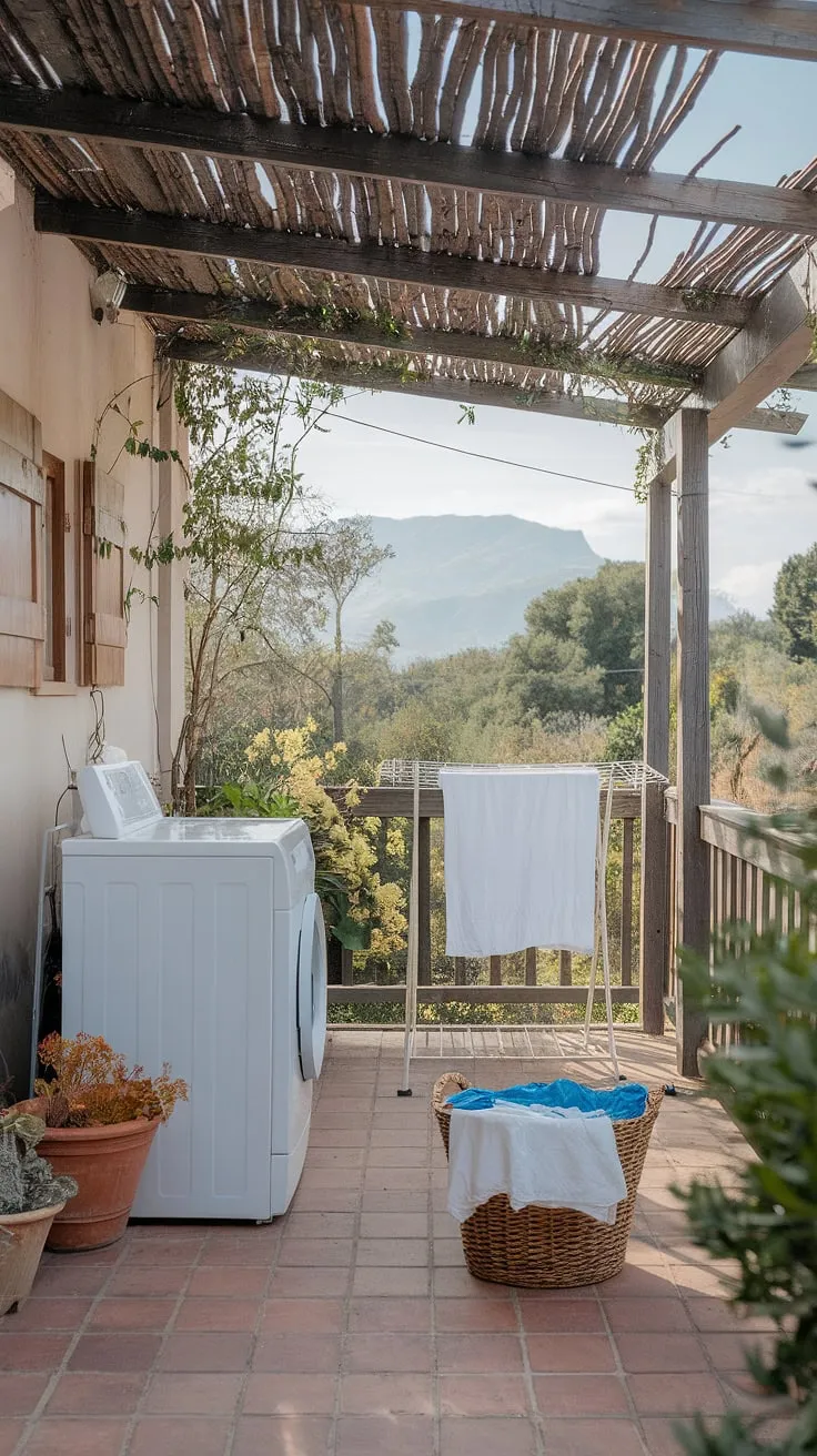 Imagine doing laundry with a view! This outdoor laundry area on a rustic balcony transforms a chore into a peaceful experience.  From outdoor laundry room ideas to outdoor washing machine area ideas, this space showcases the beauty of a well-designed outside laundry area.  Let this balcony laundry inspire your own backyard laundry area and outdoor laundry room design.