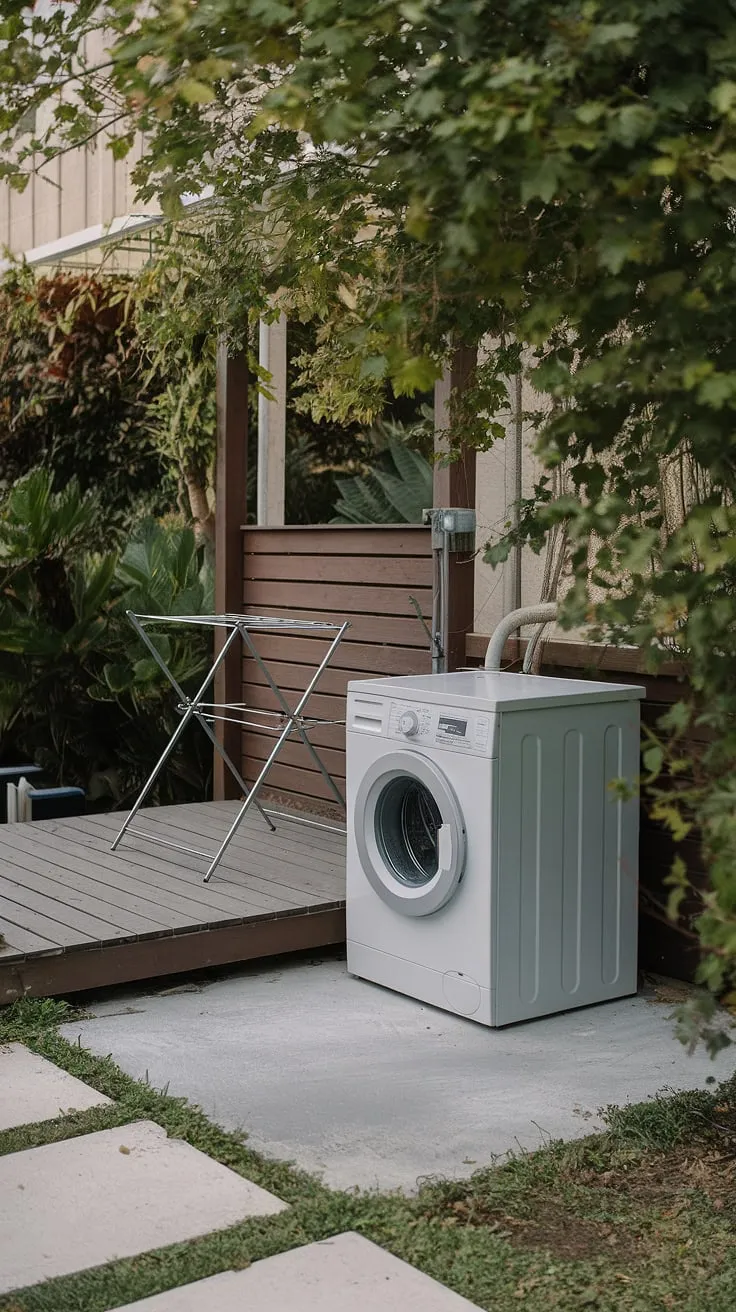 Transform your outdoor space into a tranquil outdoor laundry room. This outdoor laundry area, complete with a washing machine and drying rack on a wooden deck, provides the perfect blend of convenience and charm.  Explore these outdoor laundry room design ideas for your own outside laundry area, creating a functional and aesthetically pleasing outdoor washing area ideas haven.  Consider this backyard laundry area inspiration for your next home improvement project.