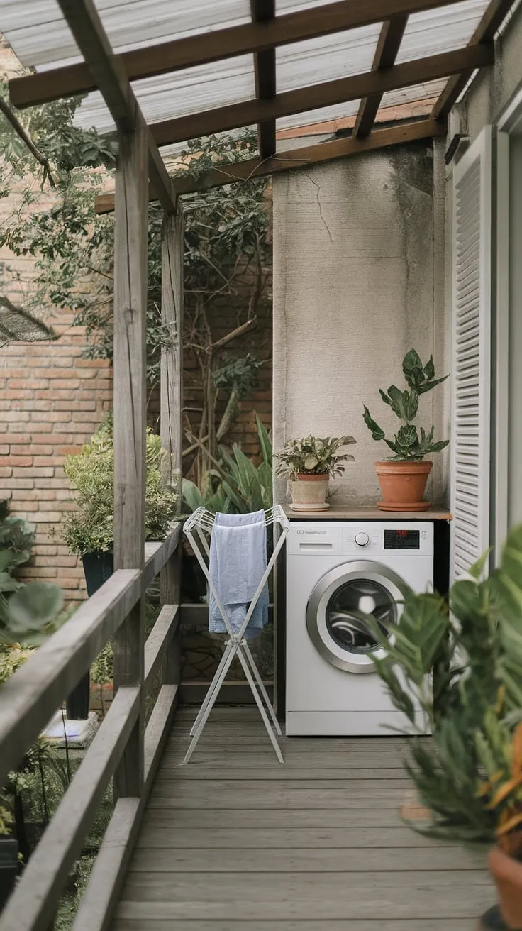 Escape the mundane with this idyllic outdoor laundry area.  The combination of a functional washing machine and drying rack on the balcony, nestled amongst greenery and brick, provides inspiration for your own outdoor laundry room design.  This outside laundry area is a dream come true, offering a unique take on outdoor laundry room ideas and outdoor washing machine area ideas.  Consider this your guide to creating a beautiful and efficient backyard laundry area.