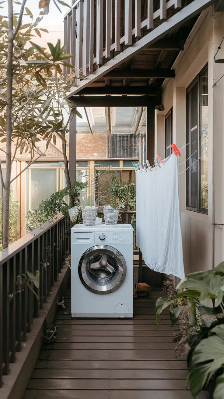 This outdoor laundry area seamlessly blends practicality with charm.  The balcony laundry setup, complete with a washing machine and clothesline, offers a unique and efficient way to handle chores while enjoying the fresh air.  Consider this inspiration for your own outdoor laundry room ideas, outdoor washing area ideas, or outdoor washing machine area ideas – a perfect example of outdoor laundry room design for a backyard laundry area.