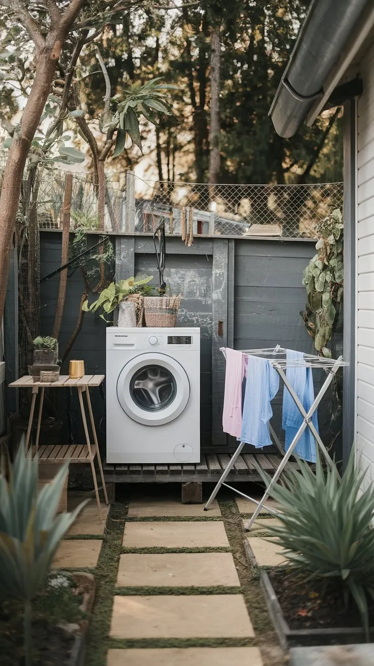 This charming balcony laundry area proves that practicality and beauty can coexist.  The outdoor washing machine, nestled amongst lush greenery, offers a serene setting for chores, showcasing clever outdoor laundry room ideas and inspiring outdoor washing machine area ideas for your own backyard laundry area.  The rustic design and thoughtful placement of the drying rack make this outside laundry area a true haven.