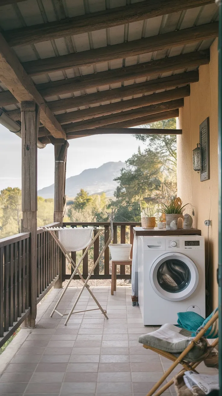 Escape the mundane with this charming balcony laundry setup.  Rustic wooden beams frame breathtaking mountain views as you tackle laundry day in this idyllic outdoor laundry area.  Find inspiration for your own outdoor laundry room design, exploring outdoor washing machine area ideas and outdoor washing area ideas to create your perfect backyard laundry area.