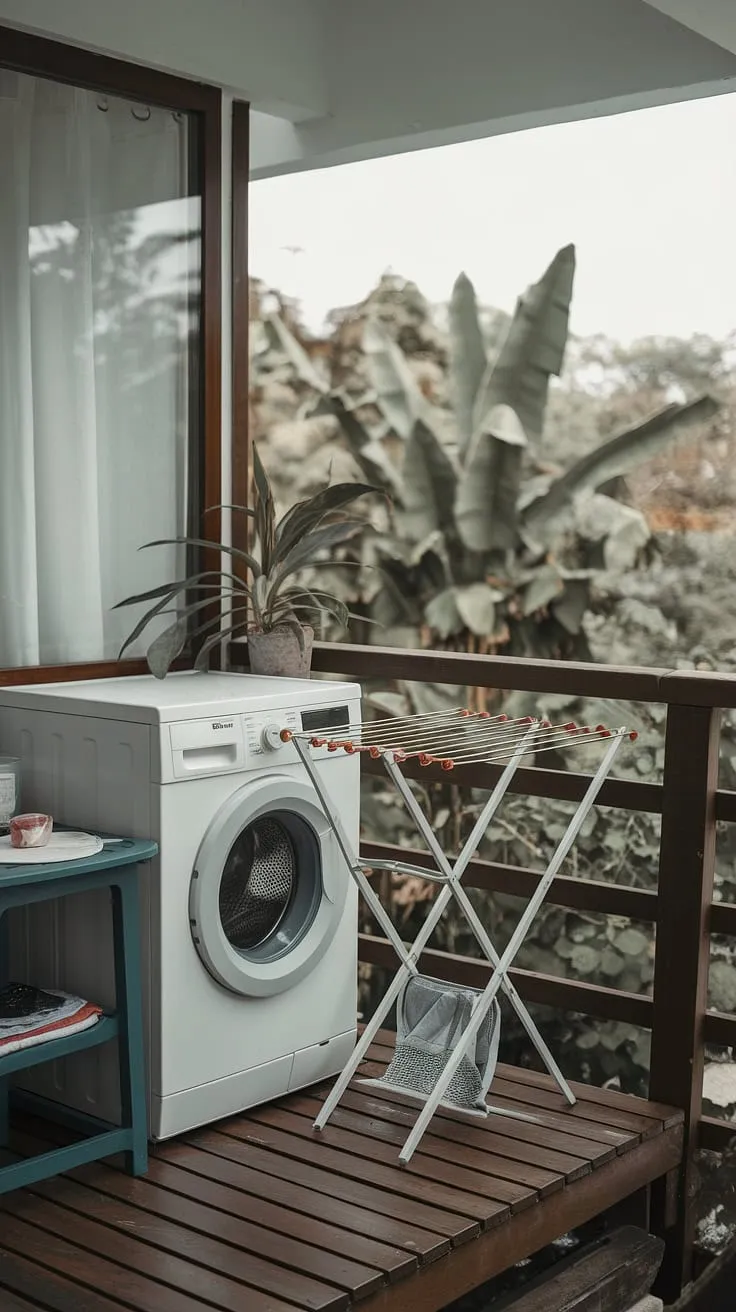 Transform your laundry routine with this idyllic balcony laundry.  This outdoor laundry room design seamlessly integrates a washing machine into a serene outdoor washing area, providing inspiration for your own outdoor laundry room ideas and outside laundry area.  The wooden accents and surrounding greenery make this outdoor laundry area a true escape.