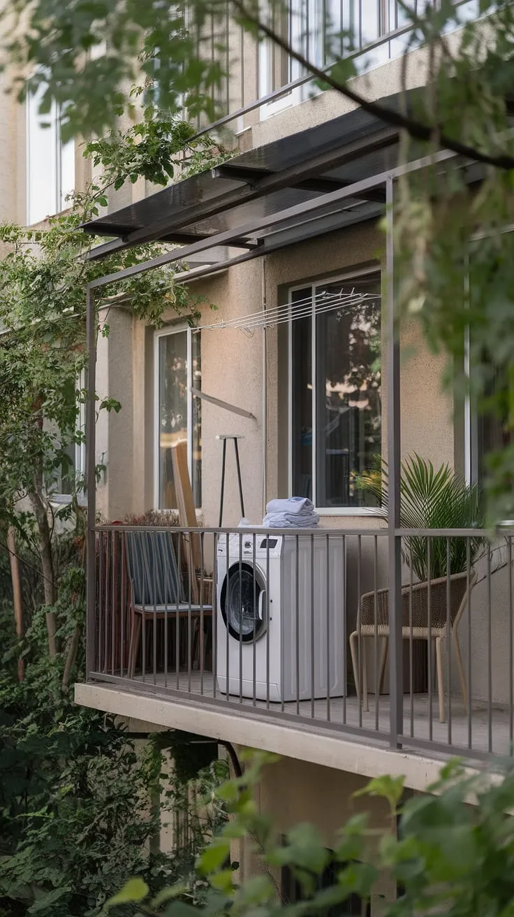 Imagine your laundry day transformed into a peaceful retreat. This outdoor laundry area, complete with a charming balcony and lush greenery, offers the ultimate in outdoor washing area ideas.  From the practical outdoor laundry room design to the inviting outdoor laundry room ideas, this space proves that even a balcony laundry can be a stylish and functional addition to any home.  Consider this inspiration for your own outside laundry area.