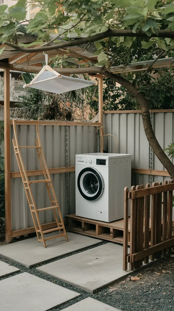 Imagine doing laundry with a view! This outdoor laundry area showcases creative outdoor laundry room ideas, transforming a simple outside laundry area into a delightful outdoor washing machine area ideas. The rustic fence, convenient ladder, and tree-hung drying rack complete this idyllic outdoor laundry room design.