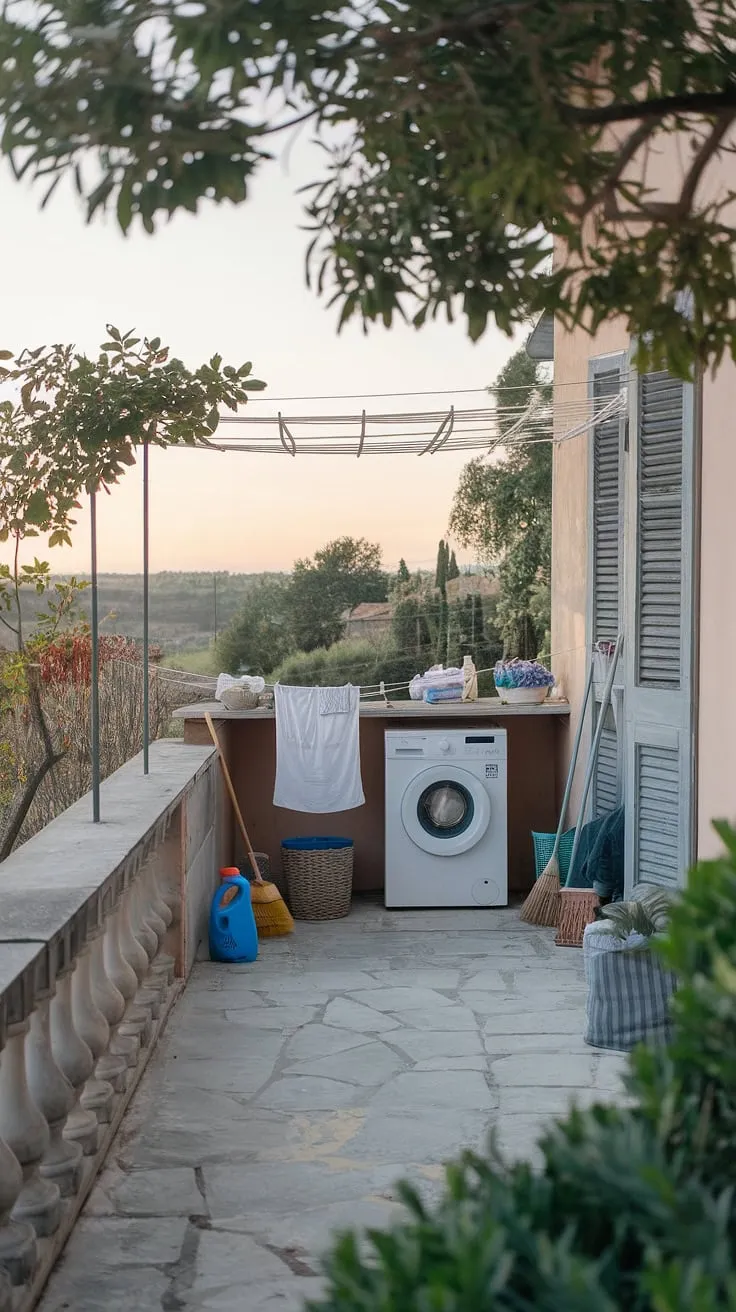 Imagine your own peaceful outdoor laundry room. This outdoor laundry area, complete with a balcony washing machine and clothesline, showcases the beauty of practical outdoor laundry room ideas.  The stone balcony and surrounding landscape transform this outside laundry area into a tranquil space, providing inspiration for your own outdoor laundry room design and backyard laundry area.