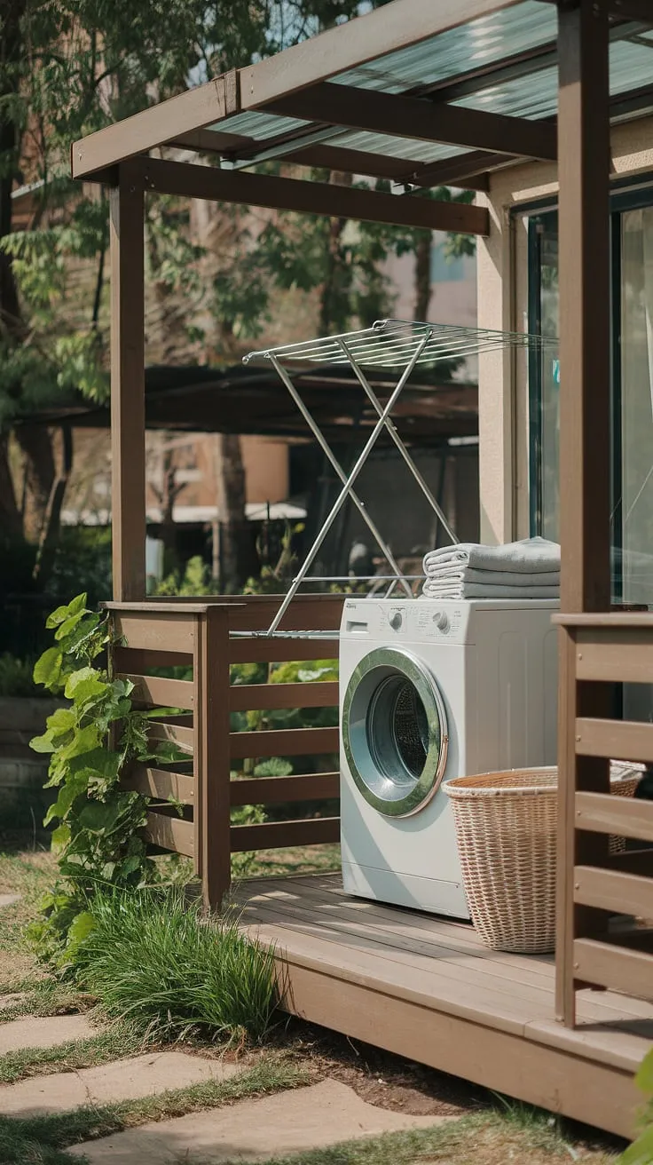 Imagine your laundry day transformed: this outdoor washing machine area ideas showcases a delightful balcony laundry setup.  The outdoor laundry area, nestled amongst lush greenery, offers a peaceful escape while you tackle chores. This outdoor laundry room design is a testament to how seamlessly functionality and beauty can coexist, providing inspiration for your own backyard laundry area or outdoor washing area ideas.