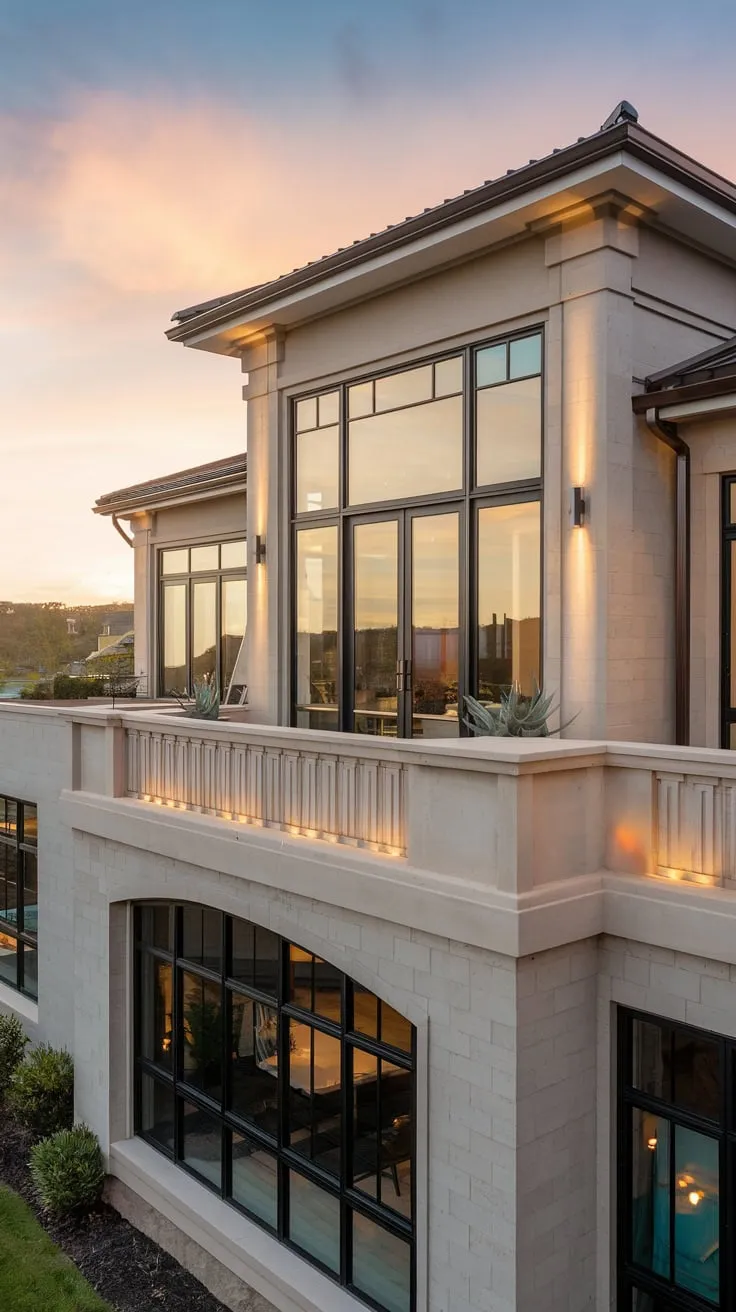 Bathed in soft light, you admire the serene view from your spacious balcony, the home's gentle glow reflecting the tranquil surroundings