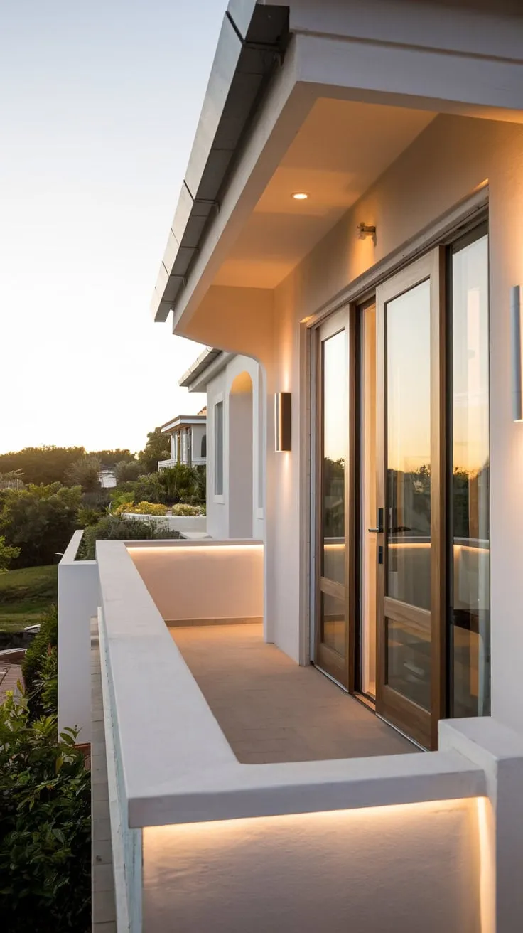 Bathed in soft light, a minimalist home with a wooden door and balcony commands a breathtaking view of nature and cityscape from your vantage point