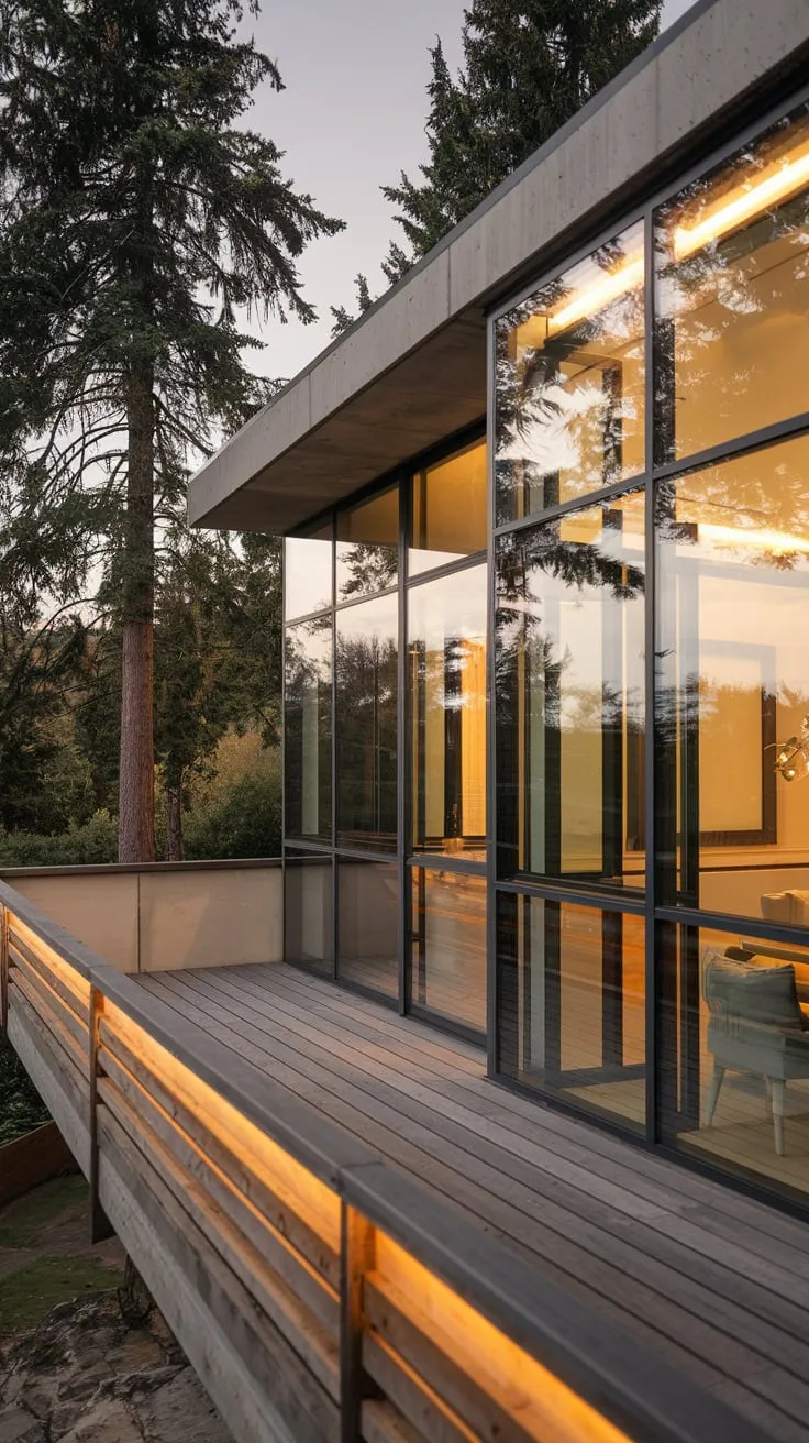 Embrace the allure of contemporary living with breathtaking views, as warm lights illuminate your stylish retreat amidst towering trees